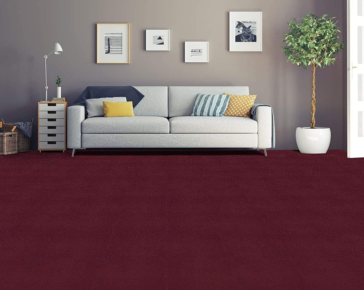 Peel and Stick 12x12 Self Adhesive Carpet Tiles Do It Yourself (DIY) Ribbed Carpet Floor Tiles for Residential & Commercial Carpet Squares for Flooring Use (Burgundy) - - 