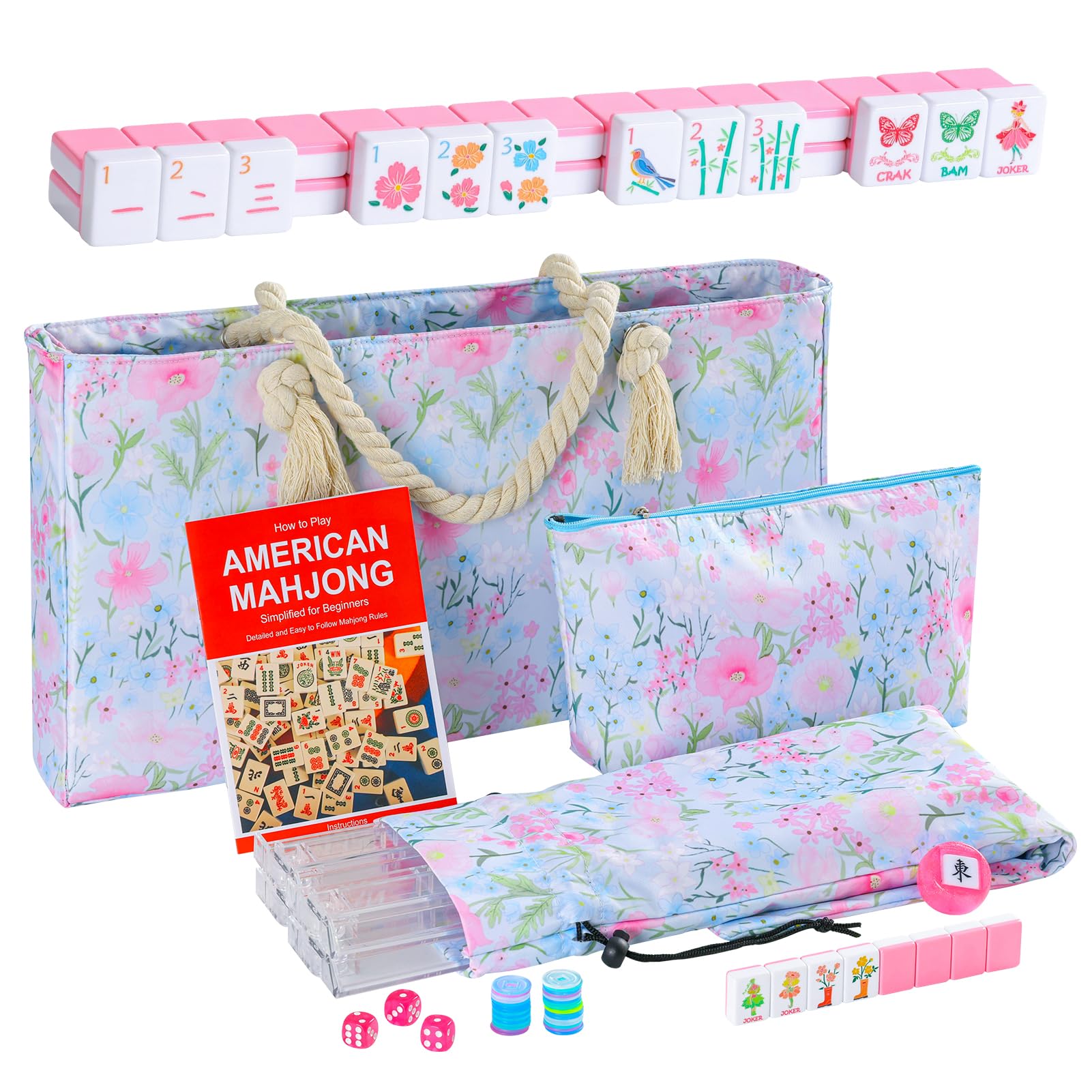 2026 American Mahjong Set Complete with Blue Carrying Bag, 160 Pink Mahjong Tiles, 4 All-in-One Transparent Mahjong Racks with Pushers, Majiang Tile Set