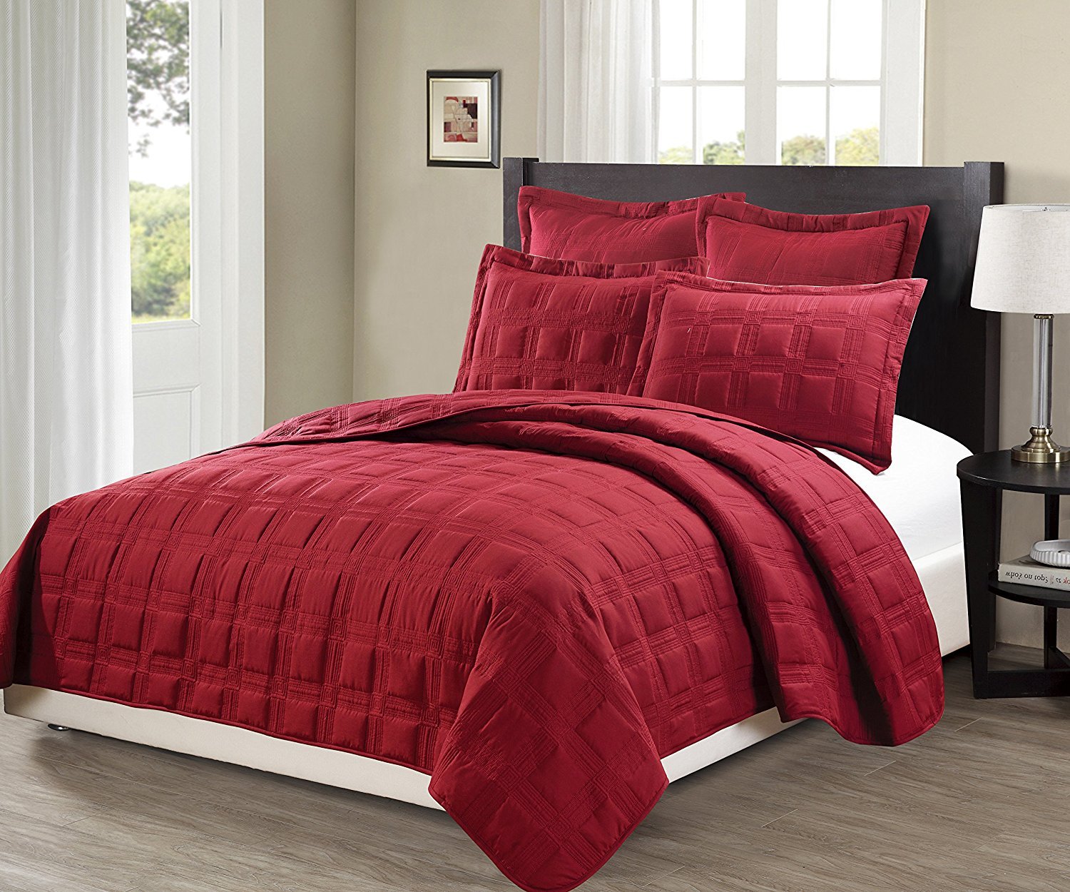 Elegant Home Beautiful Over Sized Solid Color Quilted Embroidery Modern Geometric 3 Piece Quilt Coverlet Bedspread # Target (Red, King/California King)