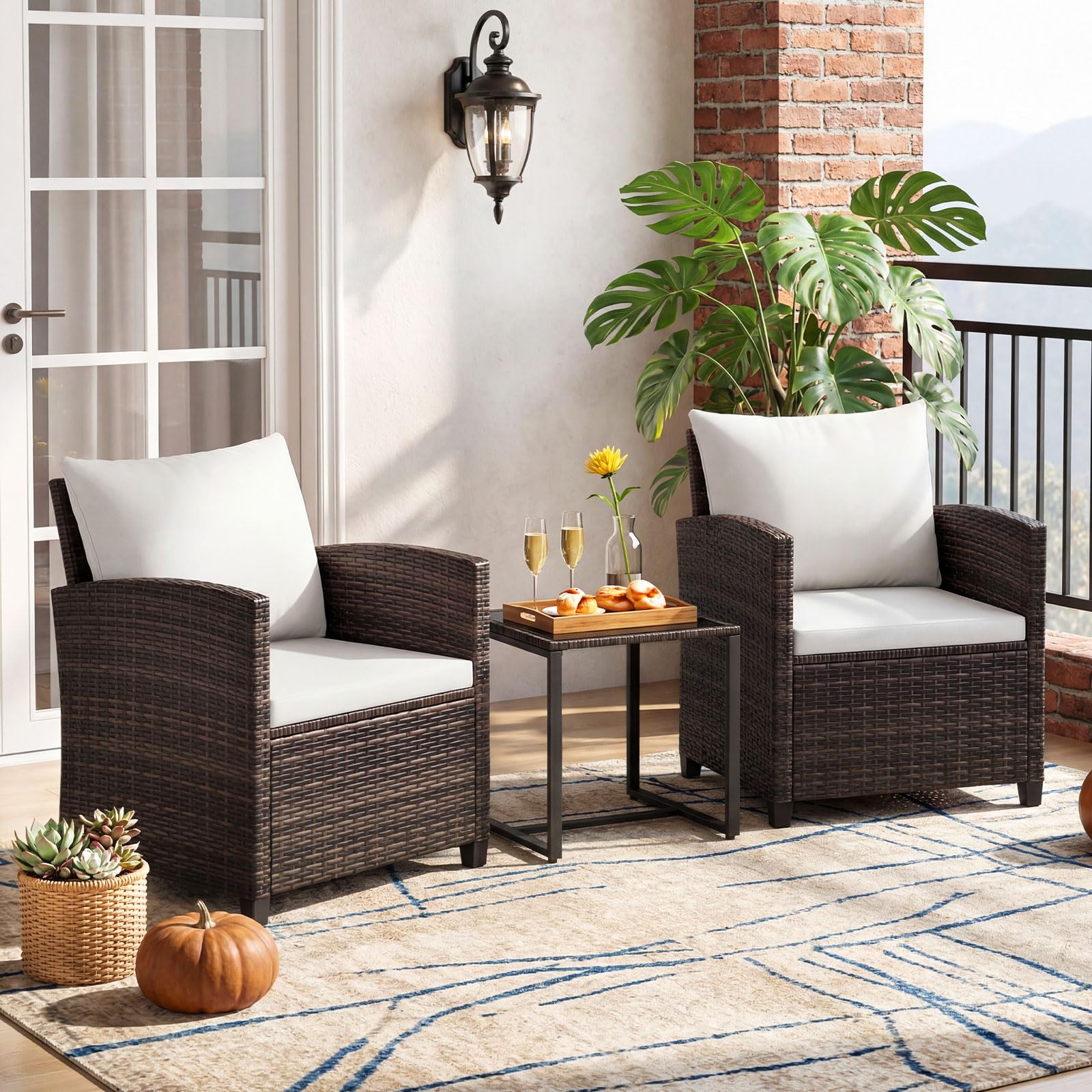 COSTWAY Set Mobili da Giardino 3 Pezzi, Salotto da Esterno in Rattan PE con Cuscini Sfoderabili, Tavolino in Vetro Temperato Beige