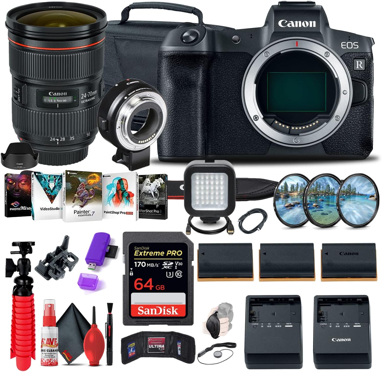 Canon EOS R Mirrorless Digital Camera (Body Only) (3075C002) + Canon EF 24-70mm Lens + Mount Adapter EF-EOS R + 64GB Card + Case + Filter Kit + Corel Photo Software + 2 x LPE6 Battery + More (Renewed)