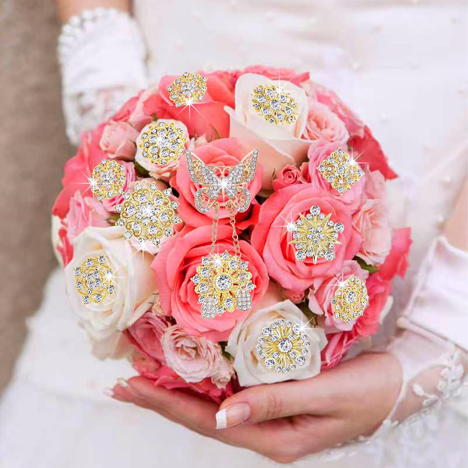 Gold Rhinestone Brooches Pin Kits Crystal Pearl Brooches for Bouquets for Wedding Decoration Accessories Jewelry Making Crafts(Gold-14PCS)-D