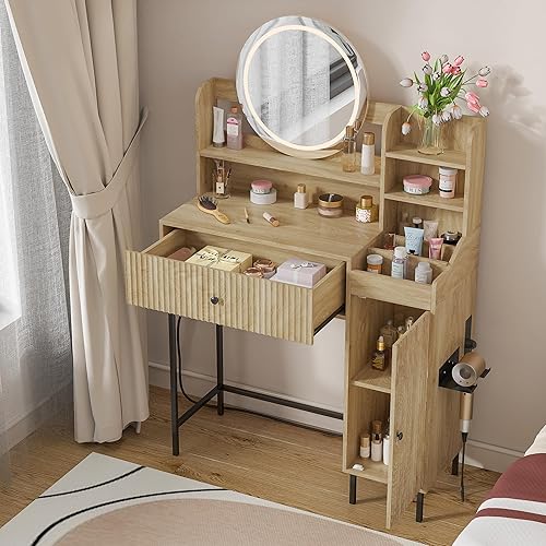 Fluted Makeup Vanity Desk with Mirror and Lights Modern Makeup Vanity with Drawer Storage LED Makeup Table with Power Outlet Small Boho Vanity Desk for Bedroom Dressing Room, Natural