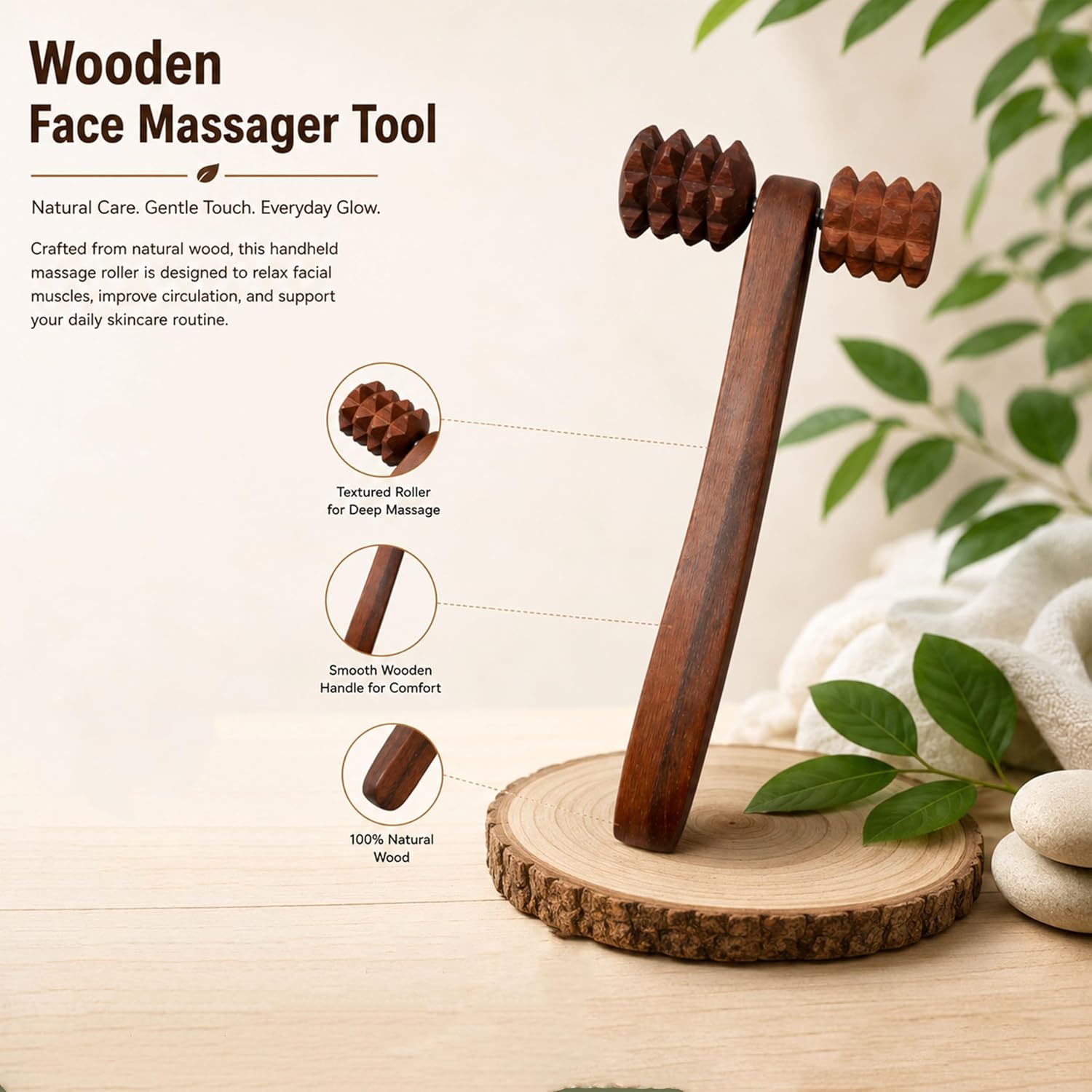 Wooden Face Massager Tool – Handheld Facial Massage Roller Stick | Natural Wood Face Massage Tool for Relaxation, Skin Care Routine & Everyday Use