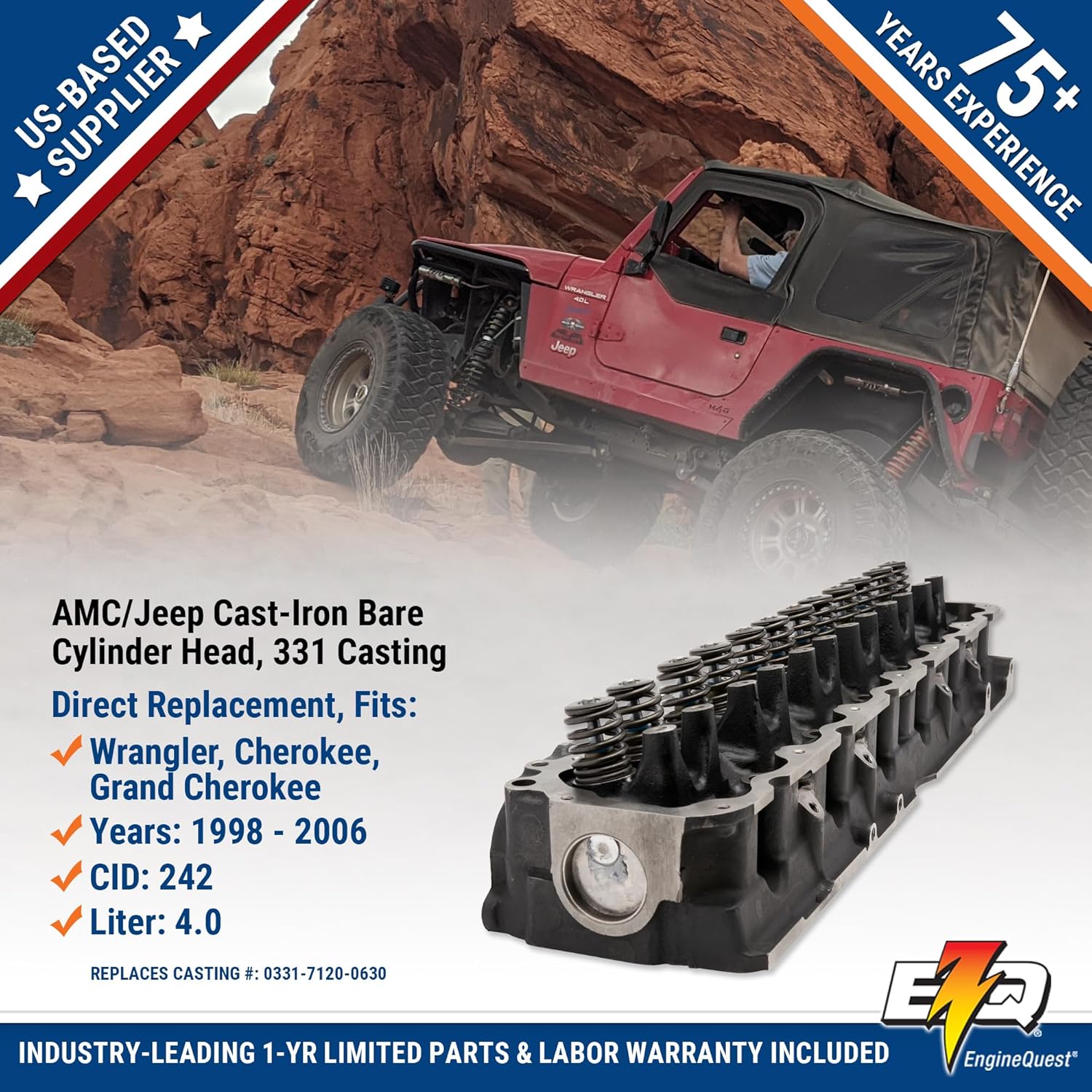 Cylinder Head for 4.0L OHV Engines 1991–2007 | Thicker Cast Iron Replacement | Fits Pickup and SUV Models | Replaces 0331 0630 7120 306-1757