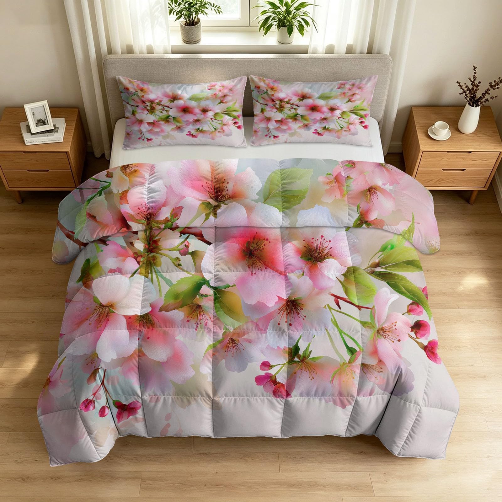 Edredón para las 4 estaciones con diseño floral fresco de acuarela y dos fundas