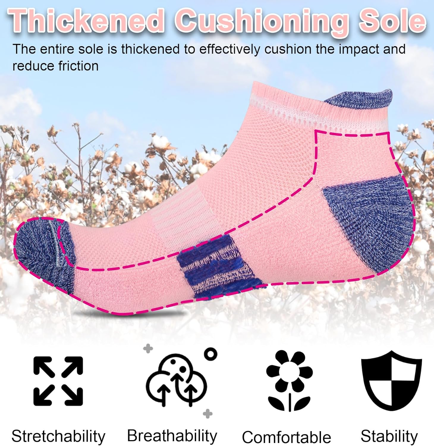 YSense 6 Pairs Womens Ankle Socks Cotton Cushioned Athletic Running Socks with Moisture-Wicking - Image 3