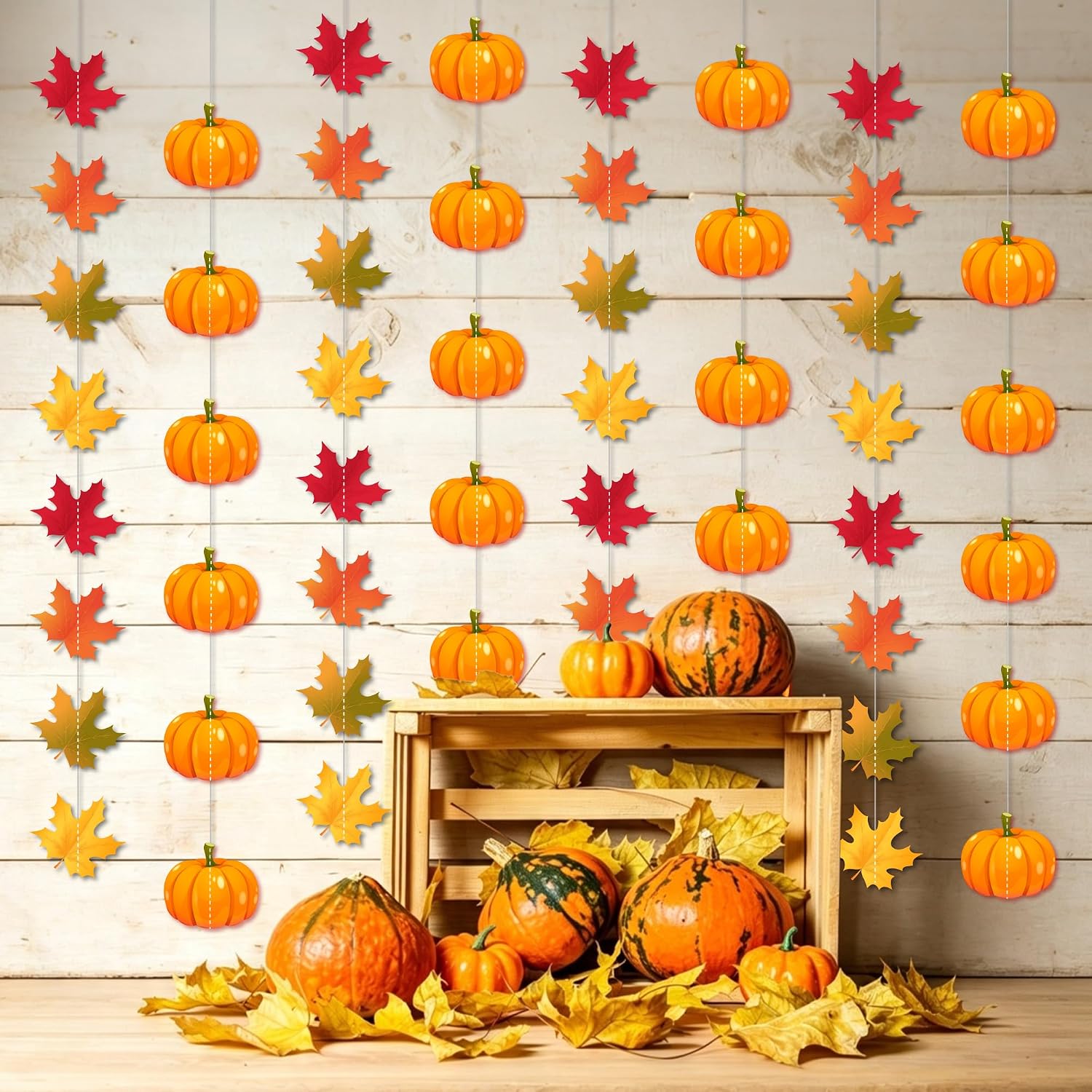 8Pcs Fall Hanging Decorations Maple Leaf Pumpkin Paper Garland