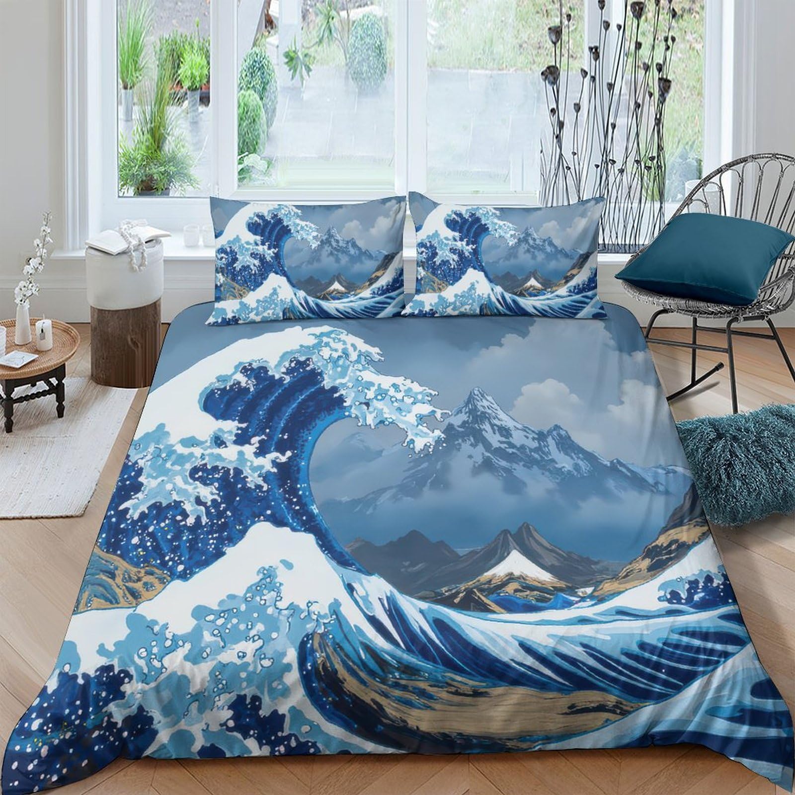 GPLZQXKJNH 3D Printed Great Wave Ocean Duvet Cover Microfiber Soft Breathable Mountain Bedding Set with 2 Pillowcases for Bedroom Decor Single（135x200cm）