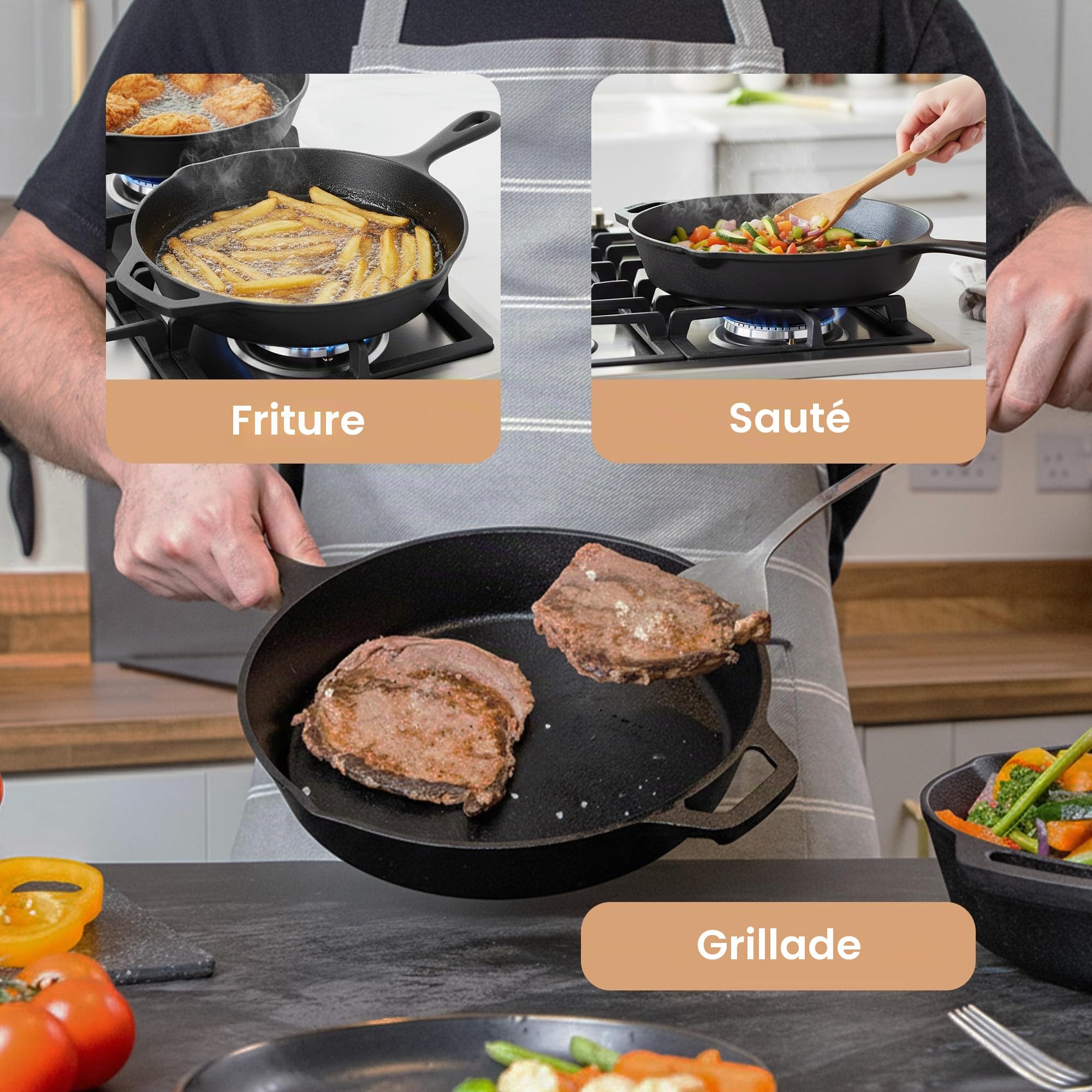 nuovva Faitout pré assaisonné – Poêle à frire en fonte – Couvercle de poêle 2 en 1 – Cocotte de 3,2 L, poêle de 26 cm