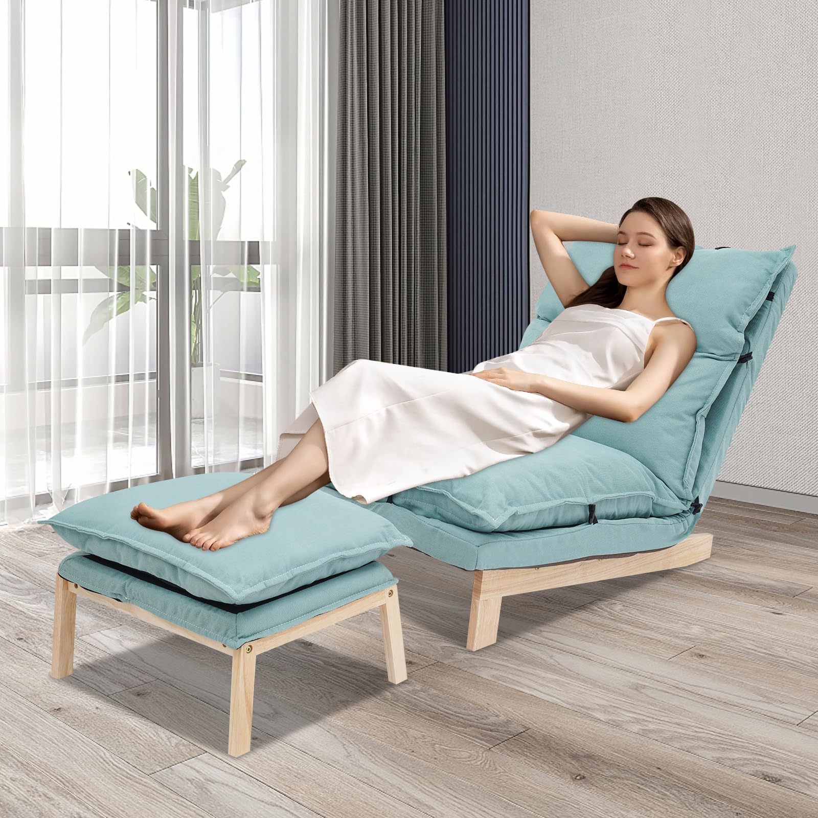 Lounge Chair with Ottoman, Angle Adjustable Single Lazy Sofa, Reclining Japanese Tatami, Lazy Sleeper Sofa, Accent Chair for Living Room, Balcony, Apartment, Salon, Home Theater(Green)