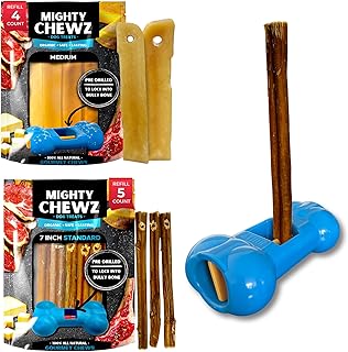 Yak Cheese and Bully Stick Holder Combo Pack, Medium Yak Cheese (4 Pcs) and 7" Standard Bully Sticks (5 Pcs) - Includes Bully Bone Holder for Safe, Secure and Smarter Chewing