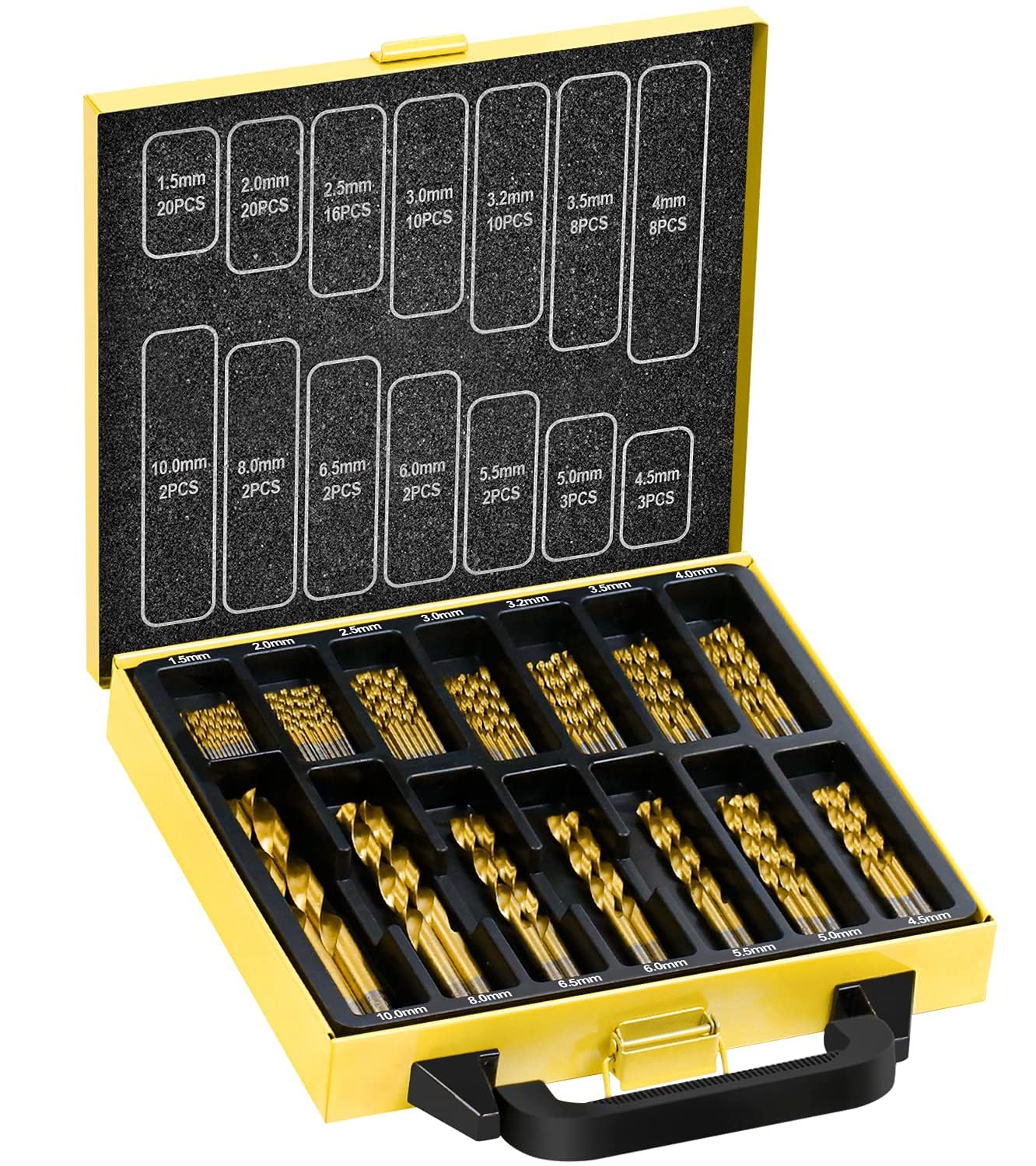 108 pc HSS-Titanium Drill Bit Set, Multi-Material Timber Metal Plastic Aluminium, 1.5-10 mm × 14 Sizes, Self-Centring 118° Tip, No Pilot Hole Needed, Metal Storage Case, DIY & Pro Use
