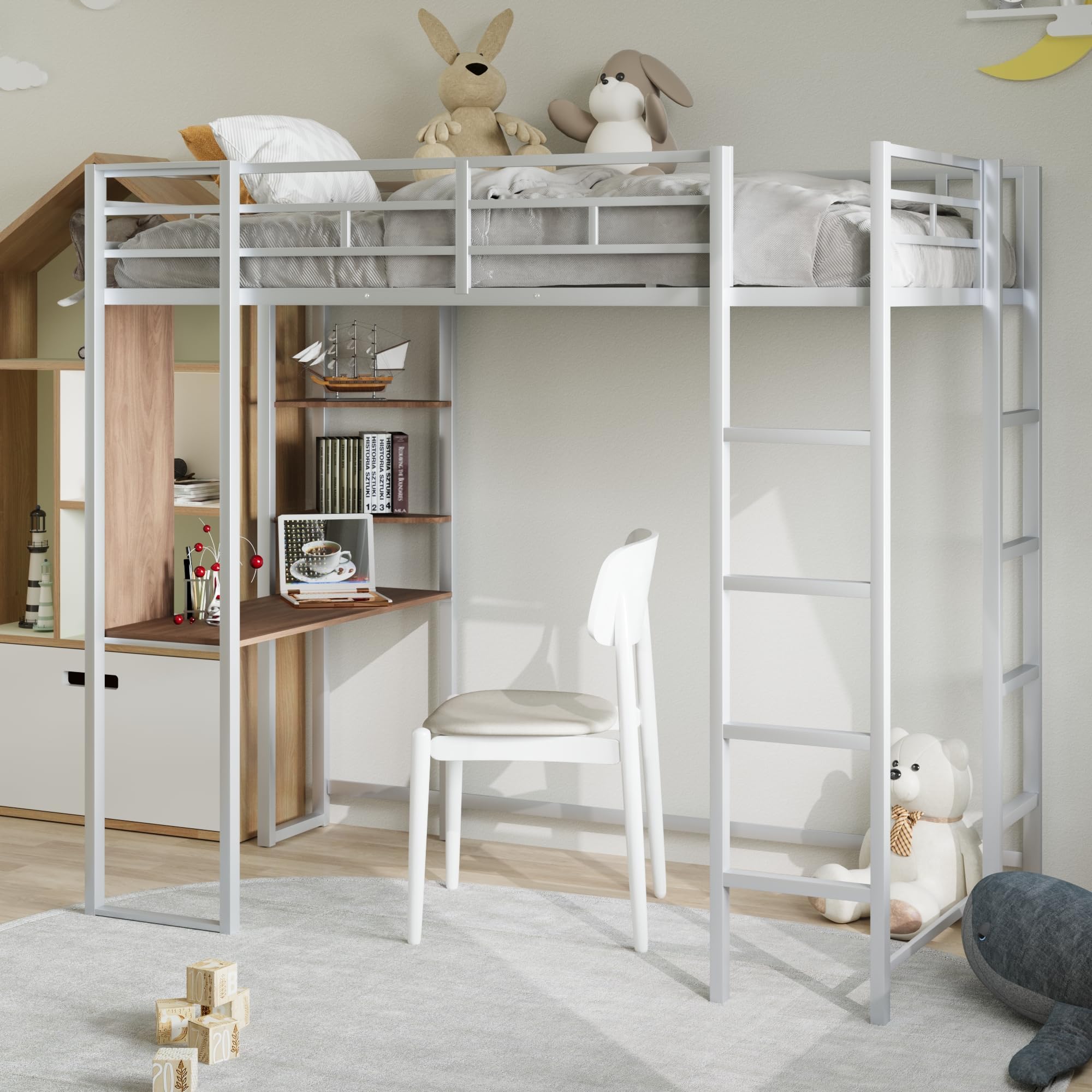 TRIPLE TREE Twin Loft Bed with Desk, Metal Loft Bed Frame