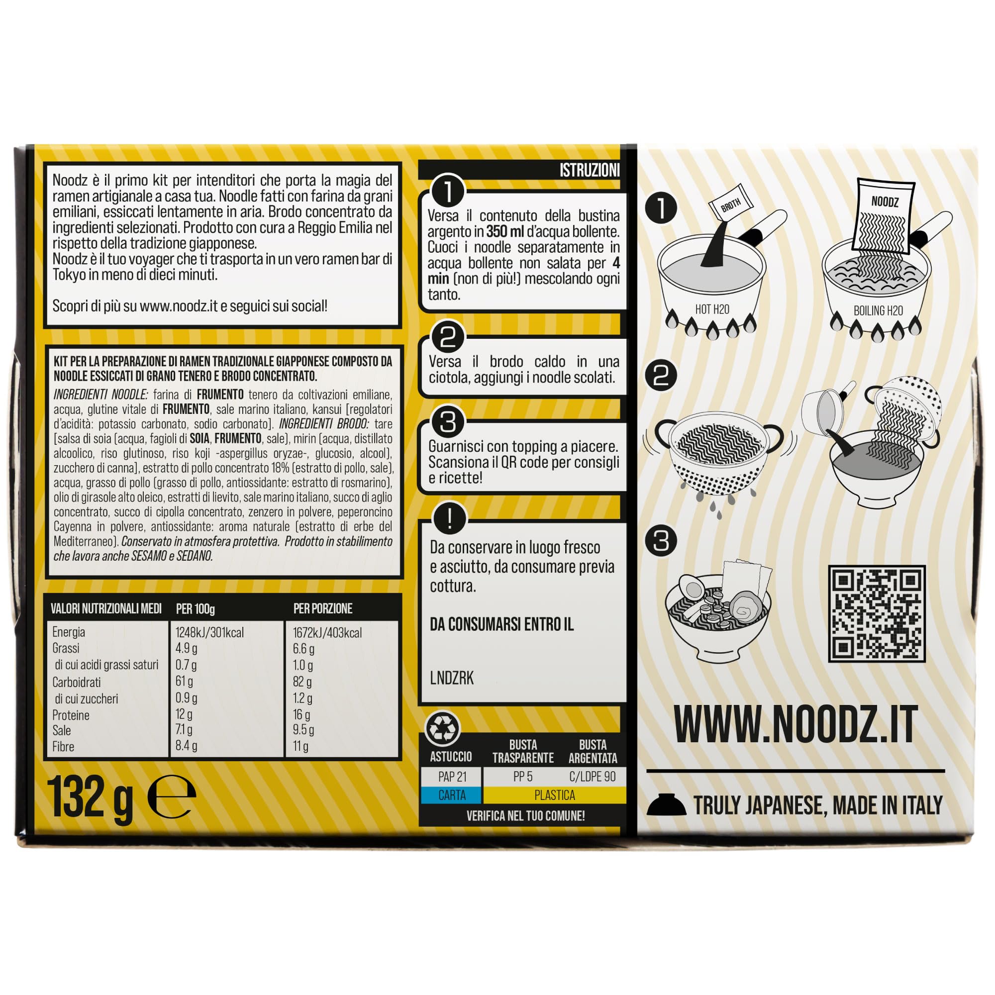 Noodz Ramen kit Pollo: noodle di grano italiano + brodo umami. Artigianale, Made in Italy. Cottura 4 min. (5 pz x 132g)