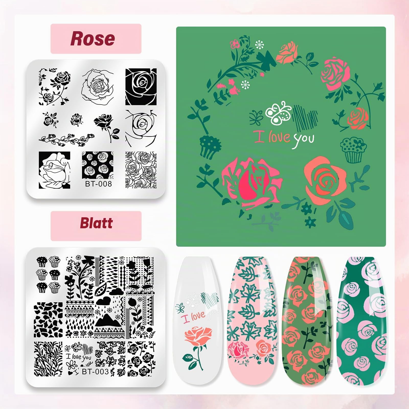 Biutee Nagel Stamping Set 8 Farben Stamping Gel+12 pcs nägel Schblonen Platte+1 pcs Stempel, Blumen French Nails Stempel für Nageldesign Nagelschablonen, nageldesign zubehör