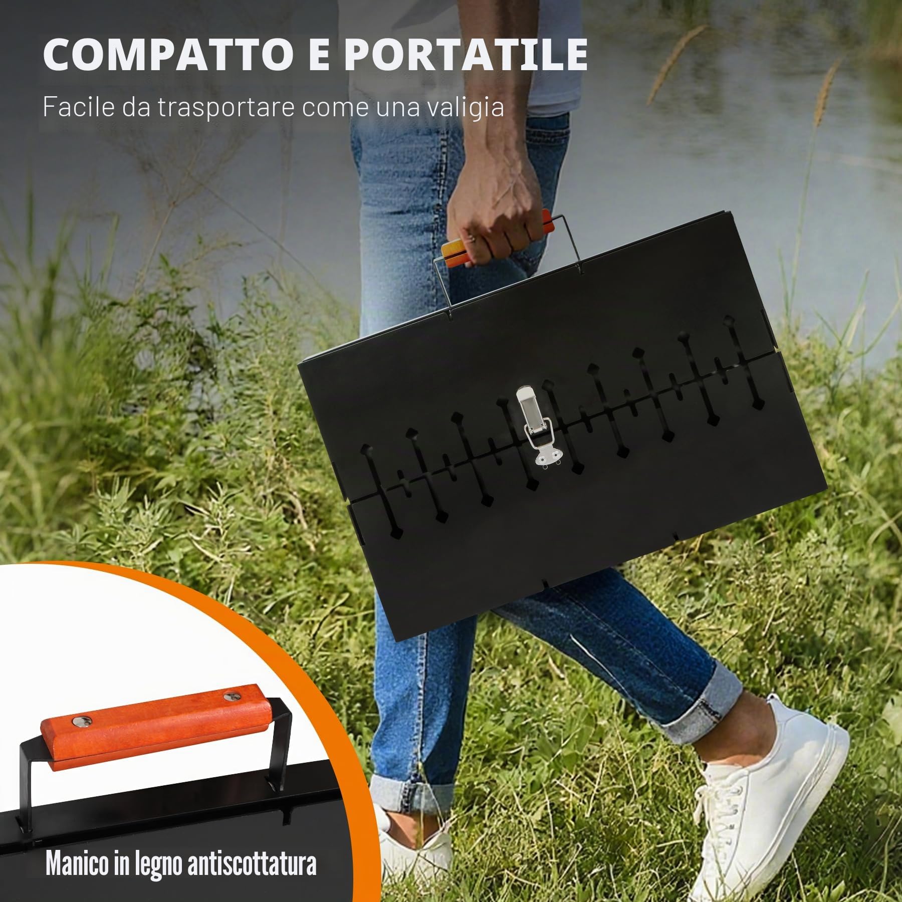 REDCAMP Mangal Grill shish kebab portatile a carbonella con 2 livelli di altezza per 16 spiedini (lento/affilati), pieghevole per esterni, per campeggio, giardino, picnic, viaggi