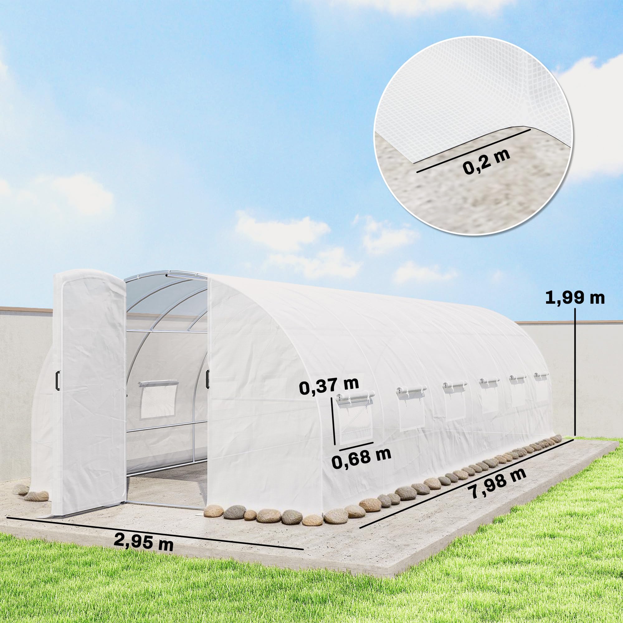 Outsunny Serra Tunnel 24m² con Porte in PE 295x798x199cm Bianco | Serra tunnel da giardino, 12 finestre con reti antizanzare, alta densità 140 g/m², prolungata 20 cm, per esterno