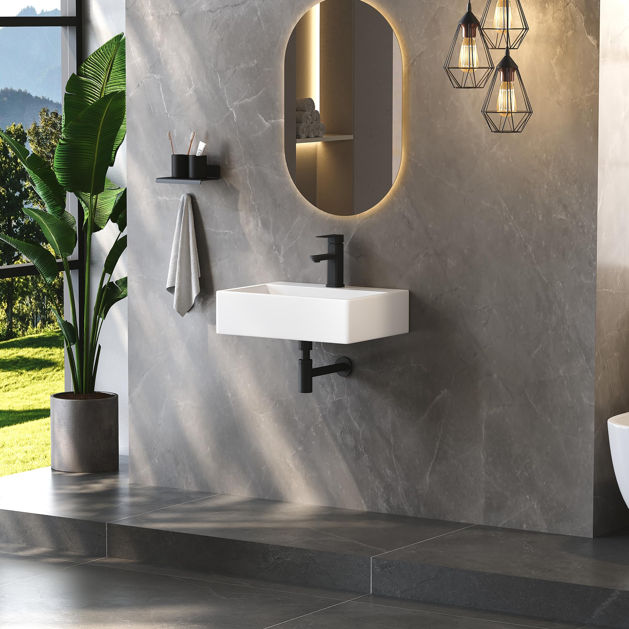 Eridanus Lavabo de cerámica colgante, lavamanos rectangular de porcelana vítrea en blanco brillante, lavabo de cerámica para muebles de tocador, 490 x 360 x 135 mm