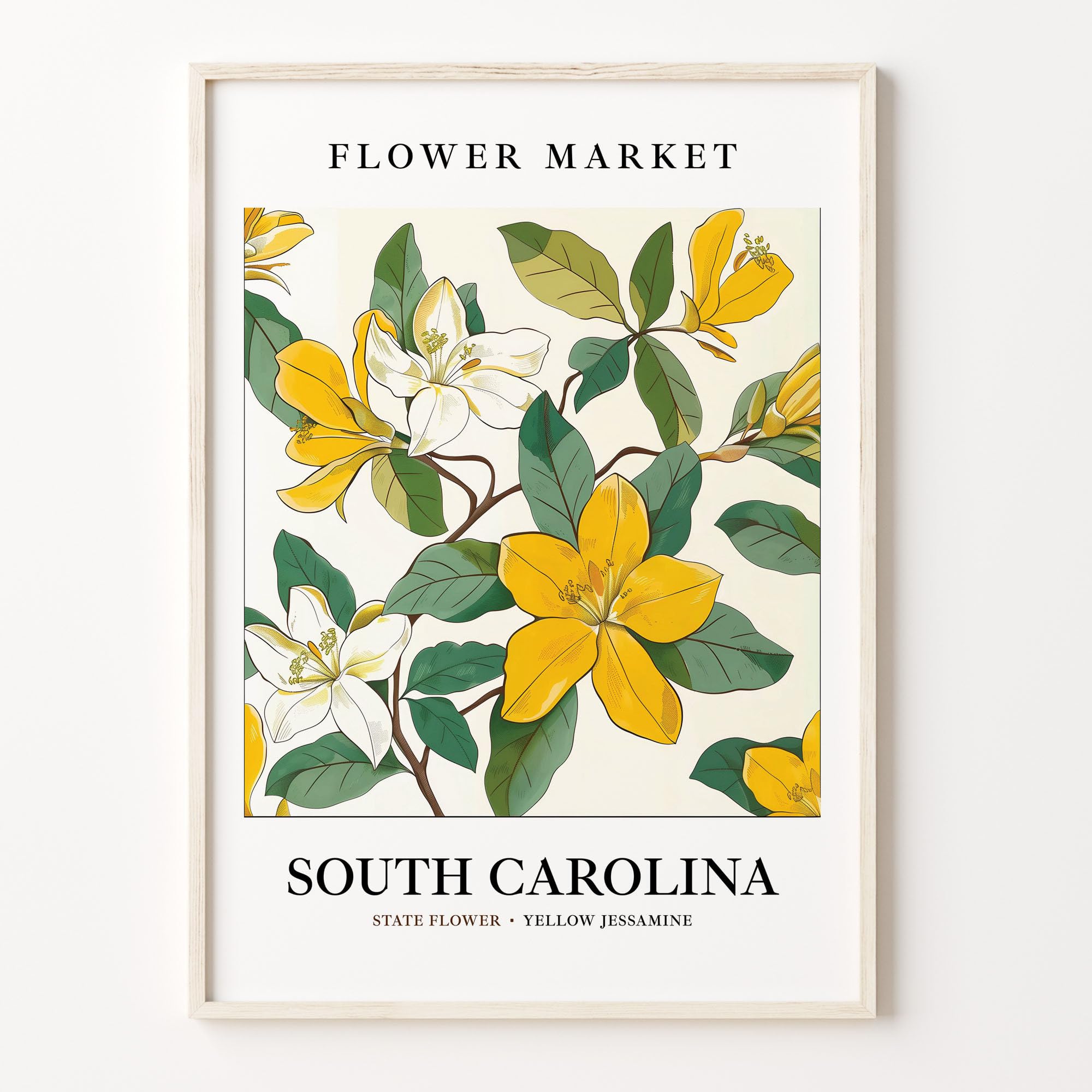 South Carolina State Flower Art Print, Yellow Jessamine Wall 1960'S Botanical Pastel Neutral Market Decor Travel Nature Picture Home Floral Living
