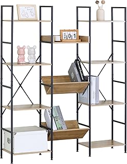Miroytengo Estantería Librería Cambrian para Salón u Oficina con 11 Estantes en Color Roble y Negro 125x150x27 cm