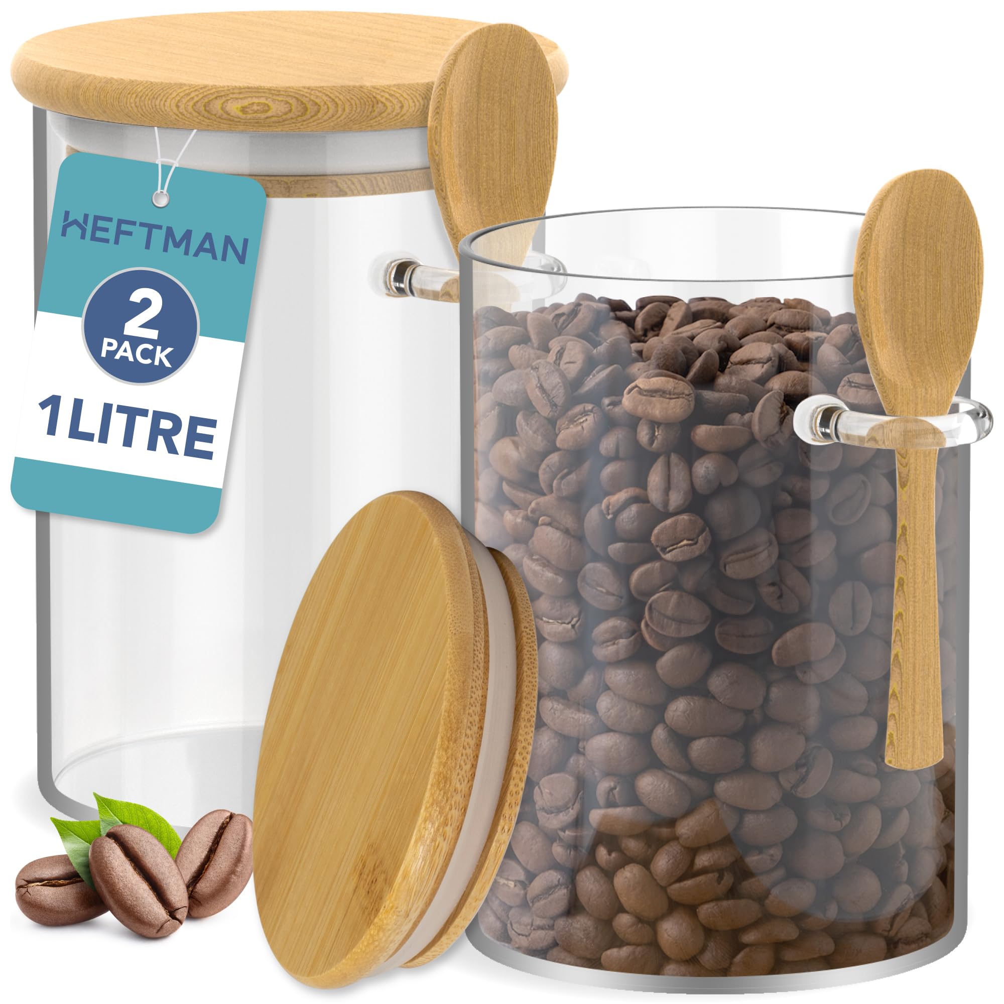 HEFTMAN Glass Jars with Bamboo Lids - 1 Litre, 2 Pack Glass Jars with Airtight Bamboo Lids and Spoons for Coffee, Sugar, Spices, Hot Chocolate Station Jars with Silicone Seal Storage Jars & Canisters