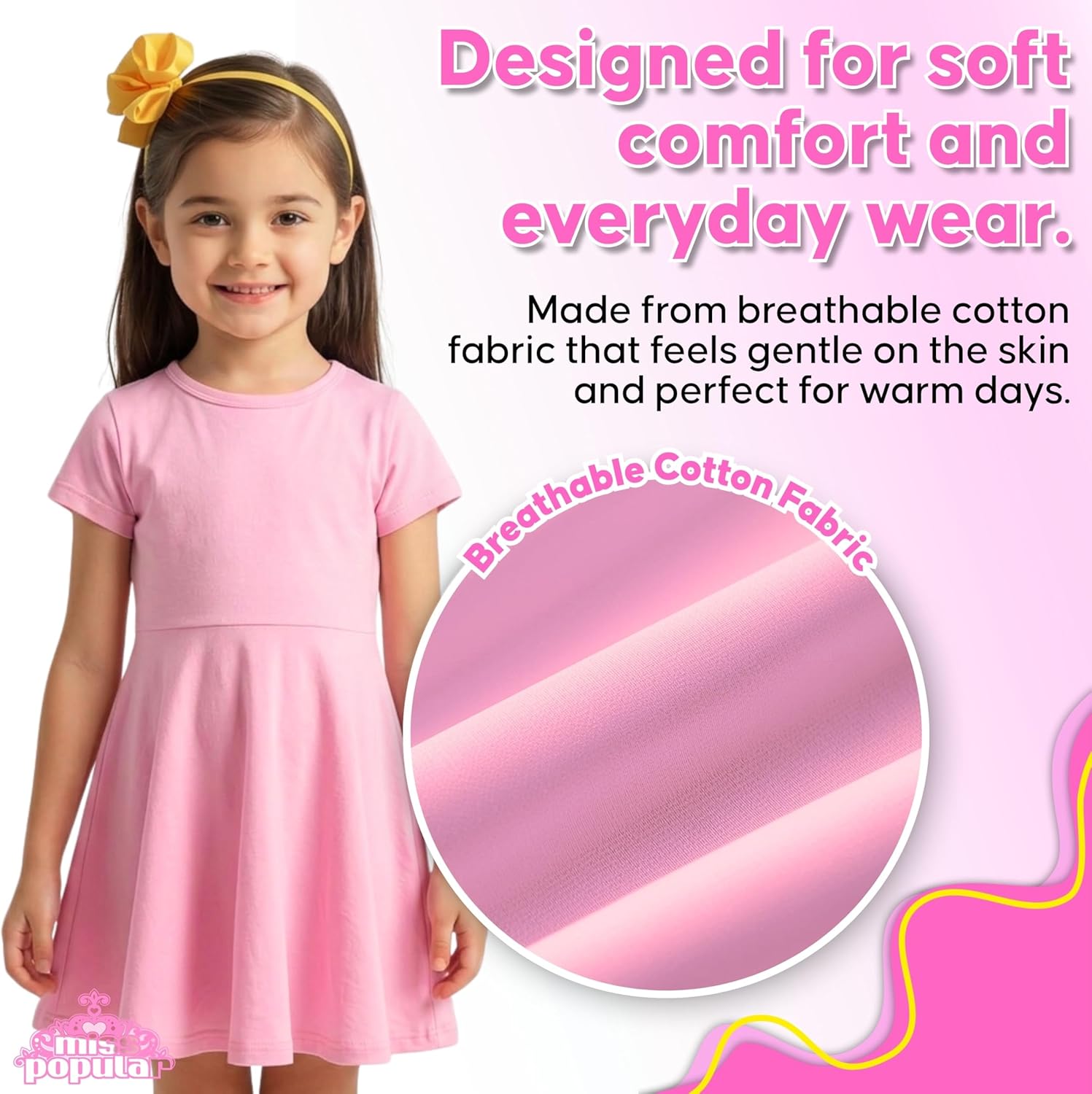 MISS POPULAR Girls 3 Pack Short Sleeve Skater Dress Soft Cotton Cute Designs Spring Summer | Sizes 4-16