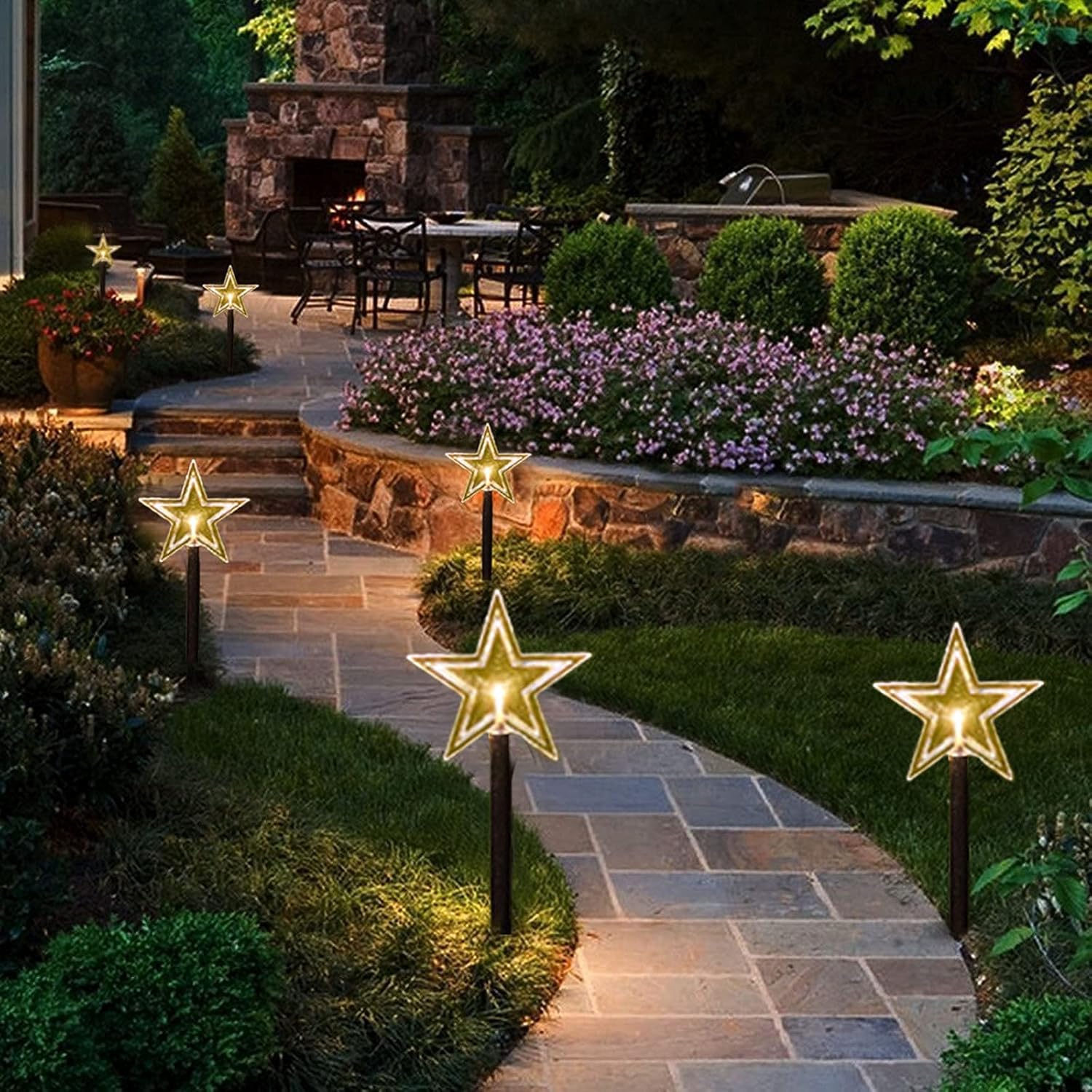 Solar Pathway Lights Five-Pointed Star LED Light Waterproof Christmas Decoration Lights with Timer, Indoor and Outdoor Ground Lawn Night Lights Holiday Party Decoration (5 Pack)