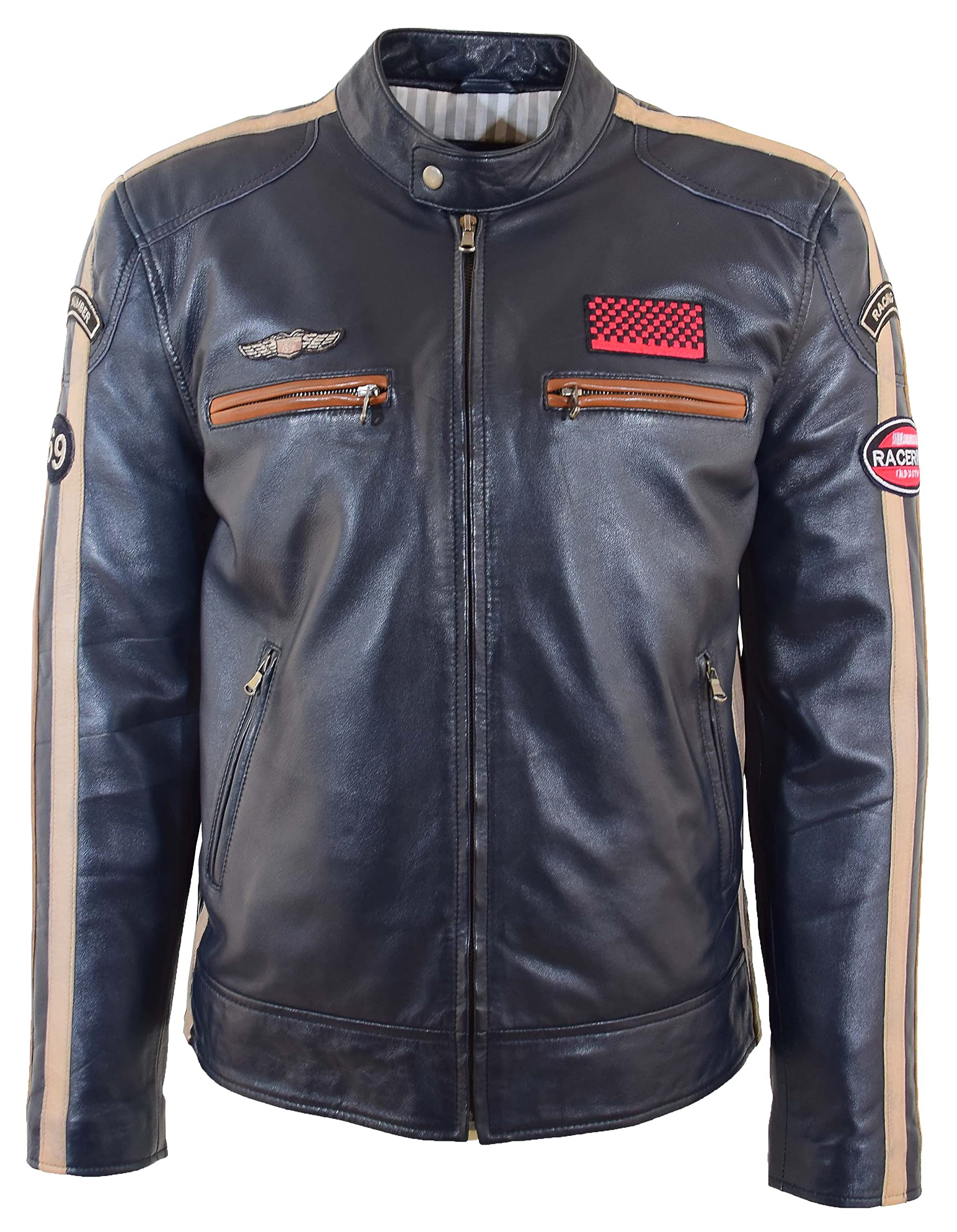 House Of Leather Men's Navy Real Leather Biker Jacket Cafe Racer Style Badges Zip Up Tron M