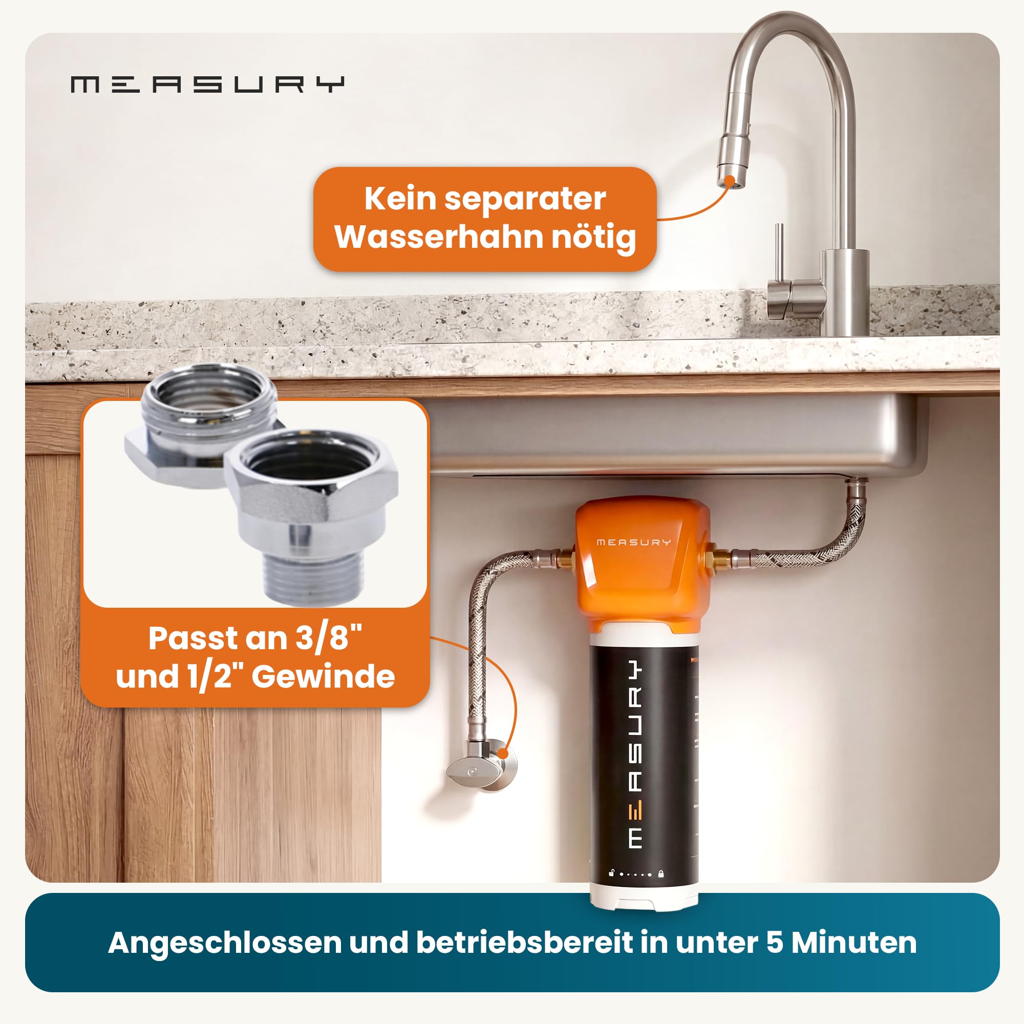 Measury Kalkfilter Untertisch - Wasserfilter Kalk für Wasserleitung & Küchenarmatur - 3-stufiger Trinkwasserfilter gegen Kalk, Chlor, Sand, Rost - 8 L/Min, kein zweiter Wasserhahn, Mineralien bleiben