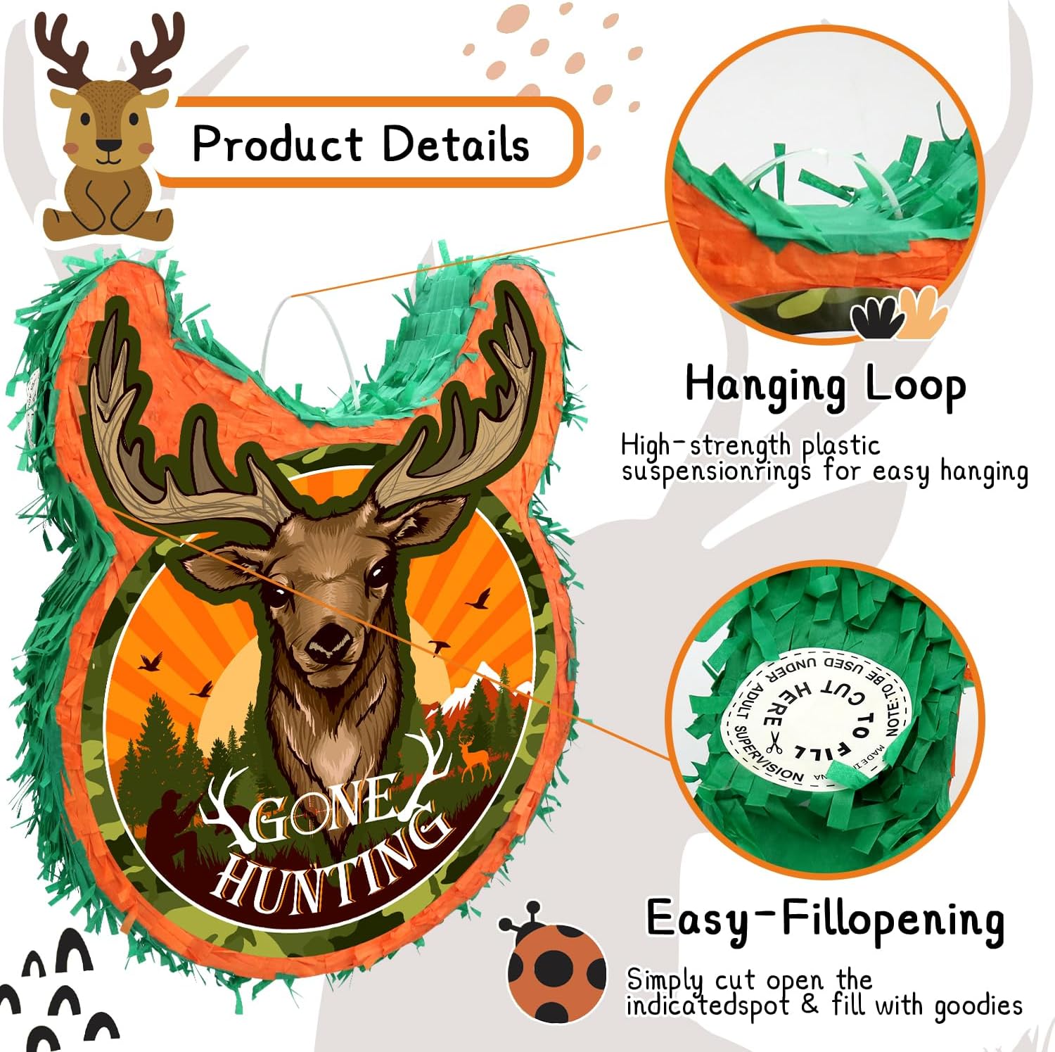 Hunting Birthday Party Decorations 3D 15.7 Inch Pinatas Colorful Pinata with Stick, Blindfold, Confetti, for Camo Theme Kids Girls Boys Birthday Baby Shower Party Supplies