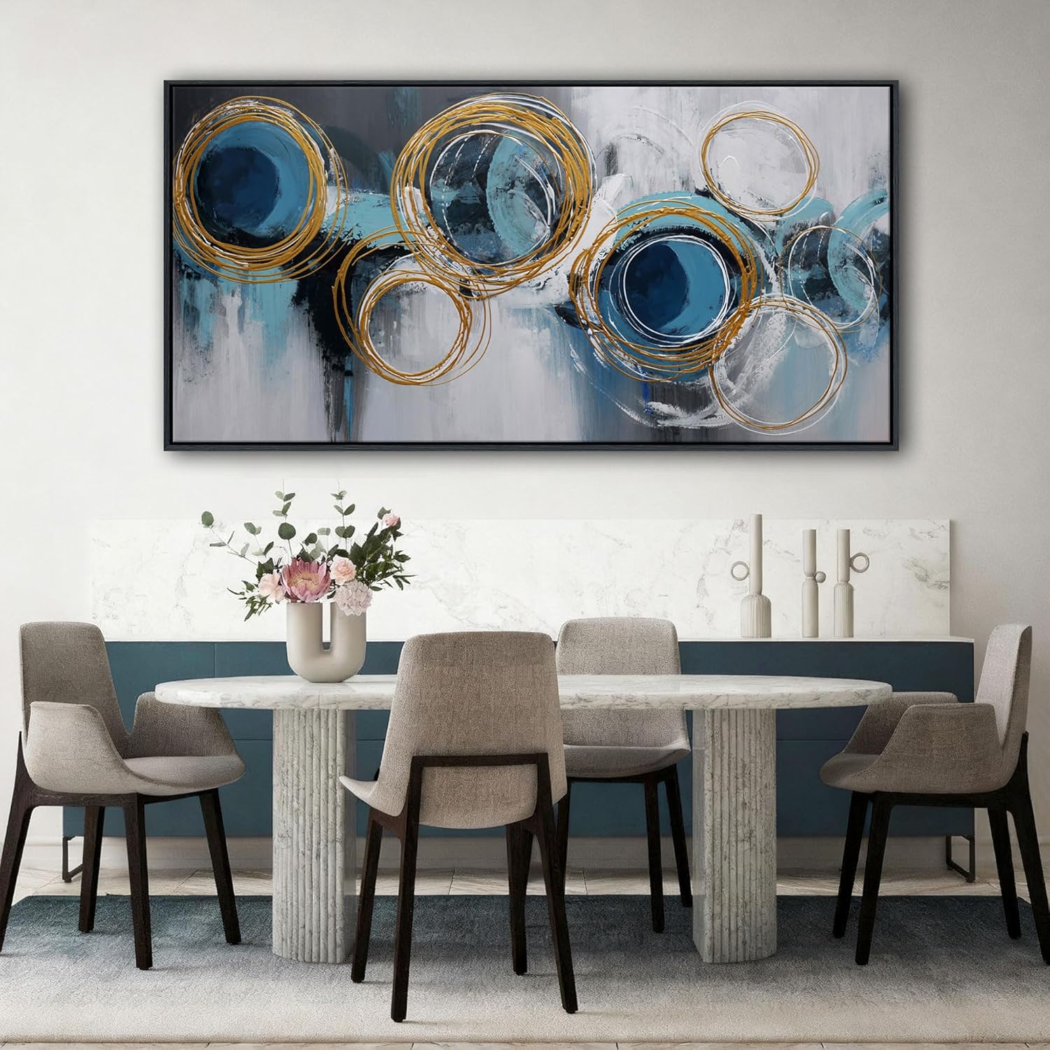Blue Abstract Wall Art for Living Room - Large Modern Canvas Picture Wall Decor Artwork for Bedroom,Gold Circular Loop Oil Painting Print Framed Decoration Ready to Hang 24×48inch