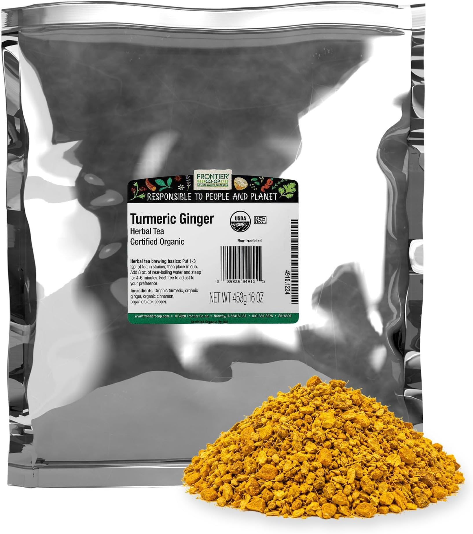 Frontier Co-op Organic Turmeric Ginger Blend, 1lb Bulk Bag โ Warming Tea Blend for Turmeric Ginger Tea, Smoothies, Cooking and Health Remedies, Kosher