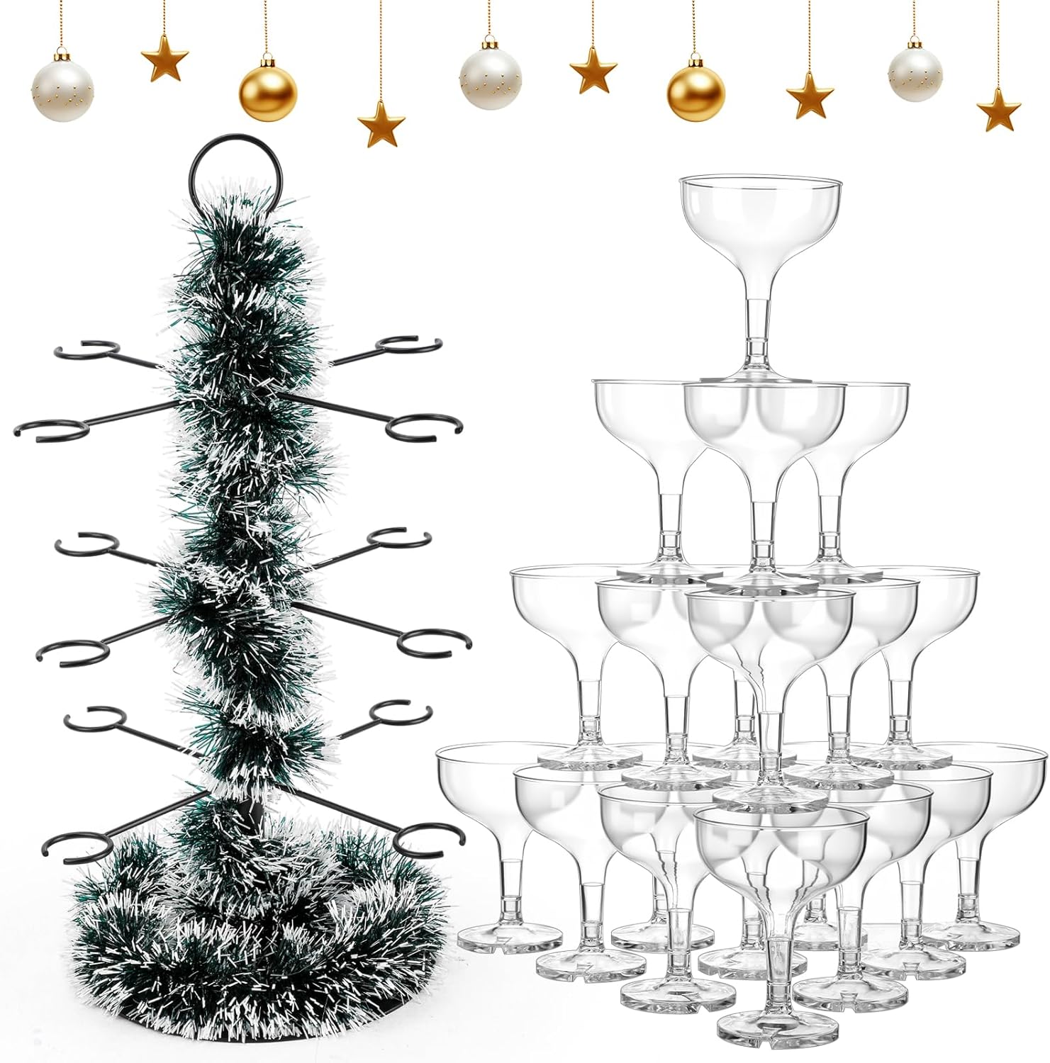 LemonRoad 32 Pcs Christmas Cocktail Tree Stand with Garland and 30 Disposable Champagne Cups, 3 Tier 12 Holders Drinks Display Holder Tower for Wedding Bridal Shower Party(Dark Green with White Trim)