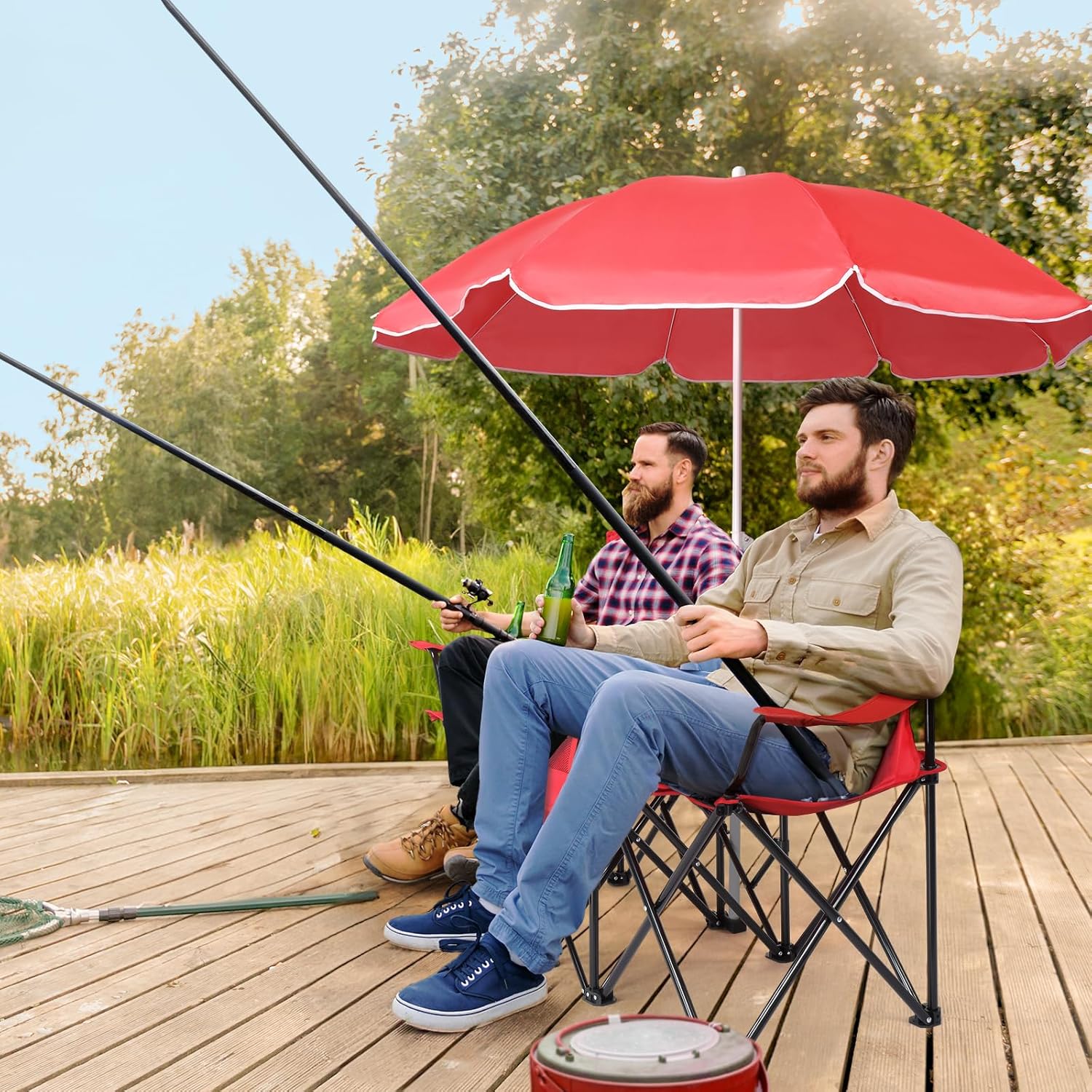 Bonnlo All-in-One Folding Double Camping Chair with Adjustable Umbrella Cup Holder Storage Pouch Cooler Bag Foldable Side Table Portable Design for Beach Garden Fishing Park Outdoor Red