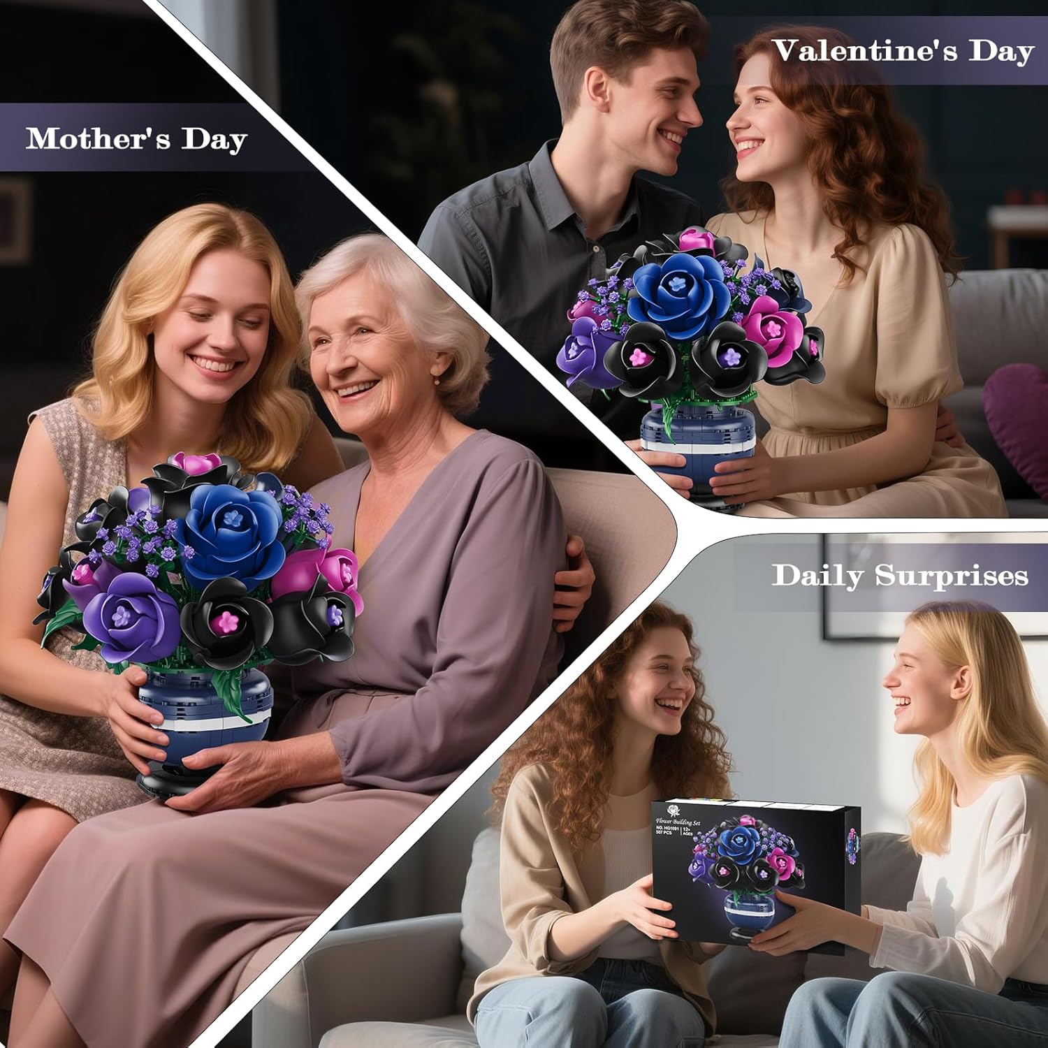 Flowers Botanicals Building Set - Artificial Purple Black Rose Bonsai Plant for Home Decor, 507PCS Artificial Flowers Building Set Indoor Gothic Decoration, Valentine Birthday Gifts for Adults - Image 9