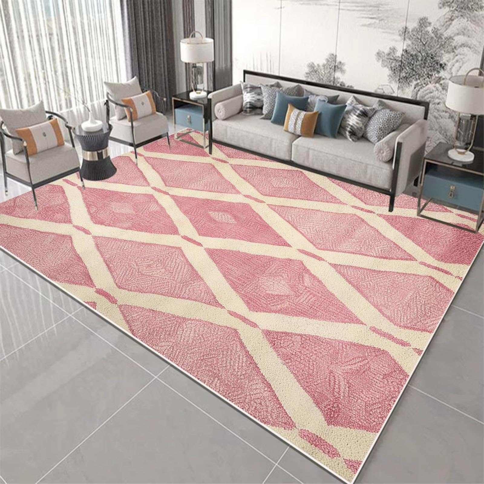 Tapis damier rose antidérapant de 90 x 180 cm lavable et grand format