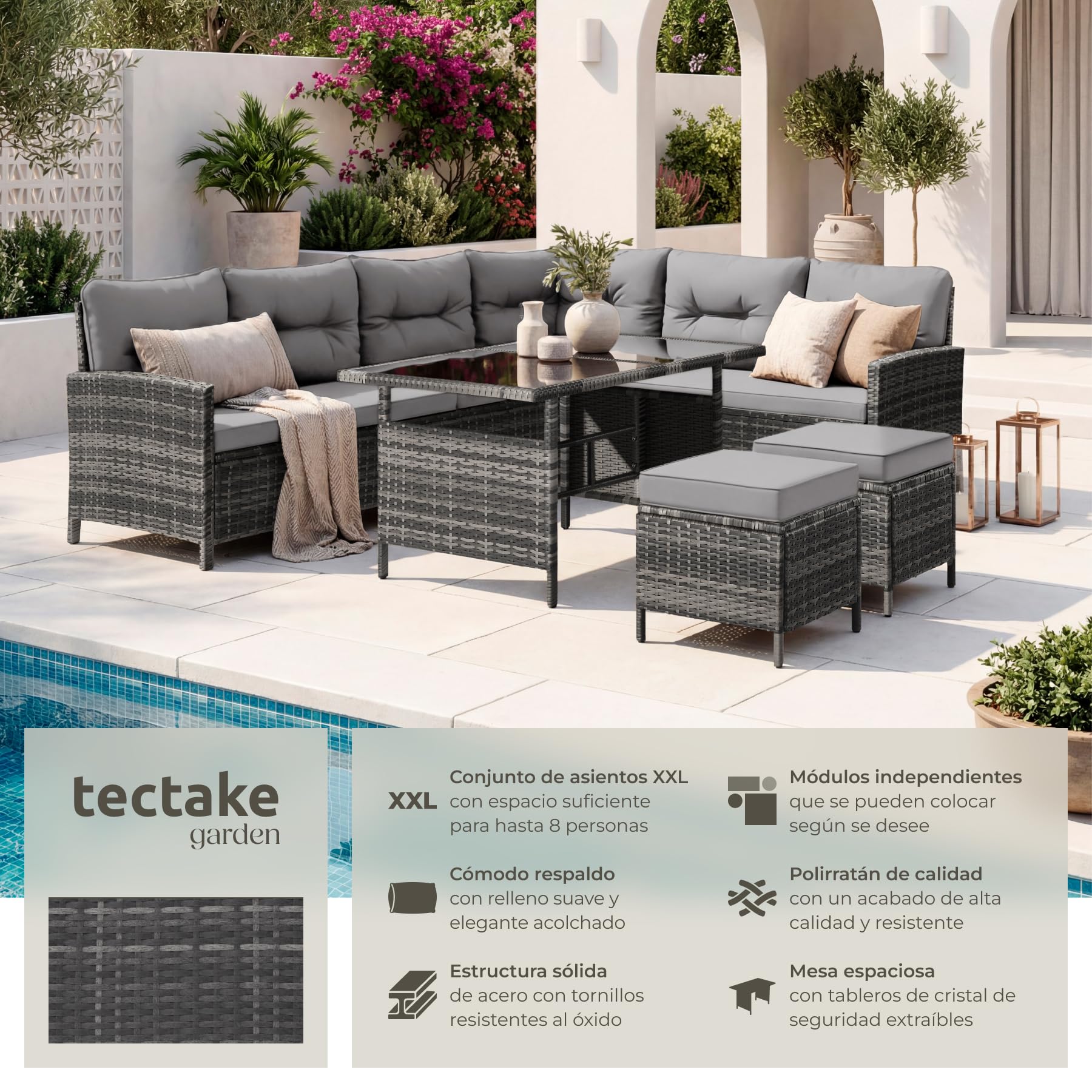 tectake® Conjunto Jardín de Ratán Mesa y Cojines, Conjunto Terraza Resistente a la Intemperie, Muebles Jardín Exterior 5 Piezas, Sofá de Esquina, 2 Taburetes y 1 Mesa - Gris/Beige