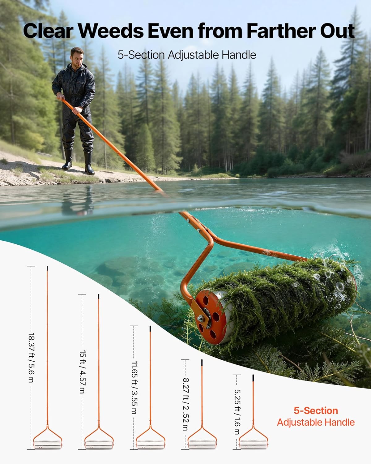 VEVOR Lake Weed Roller, 18 ft Lake & Pond Weed Removal Tool, Muck Razer Aquatic & Sludge Tiller, Rid Roots and Muck Buildup, 6 Preassembled Stainless Steel Blades, 5 Aluminum Handles, Easy Assembly