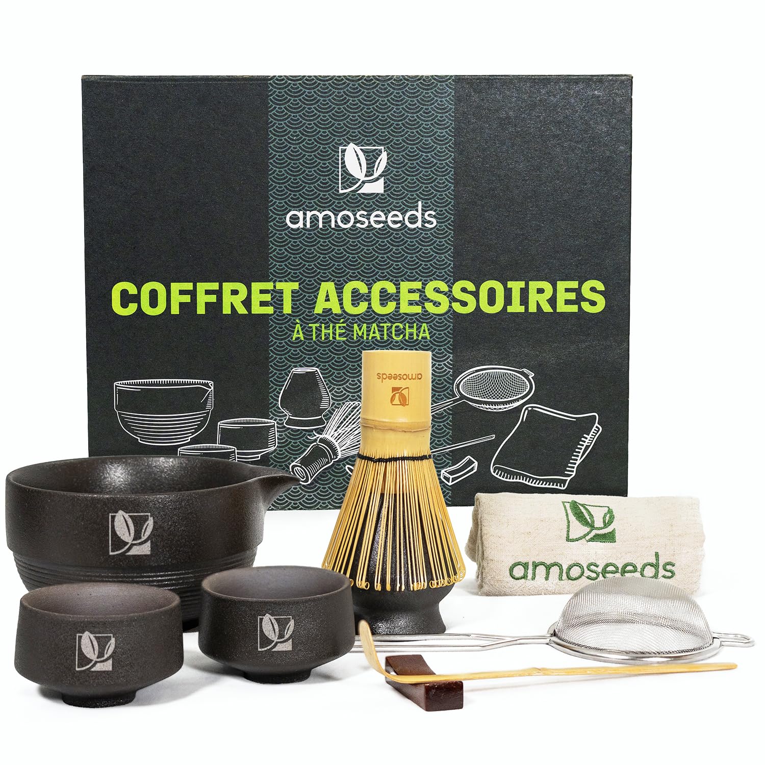 Kit Matcha | Complet, 9 accessoires | Bol, Tasses, Tamis, Fouet en bambou, Support fouet, Cuillère, Support cuillère, Serviette | Coffret cadeau, tradition Japonaise | Qualité Supérieure