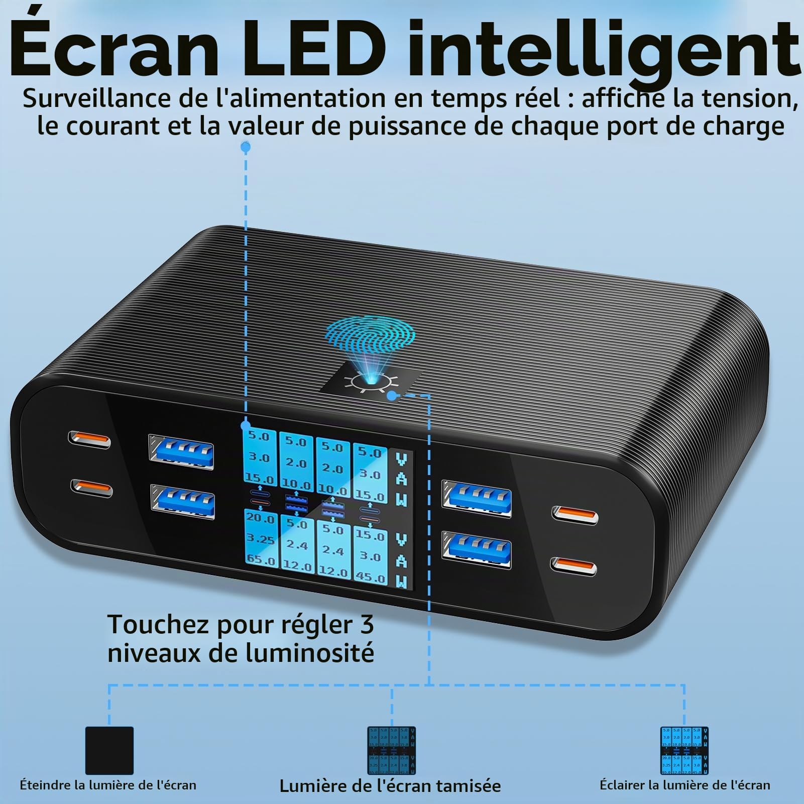 Chargeur USB C Multiple 8 Ports avec Écran LED 300W Station Charge | GaN Rapide PD PPS Chargeur USB C 65W QC3.0 USBA Charger Multi pour Macbook Ordinateurs Portables iPhone Pad, Noir