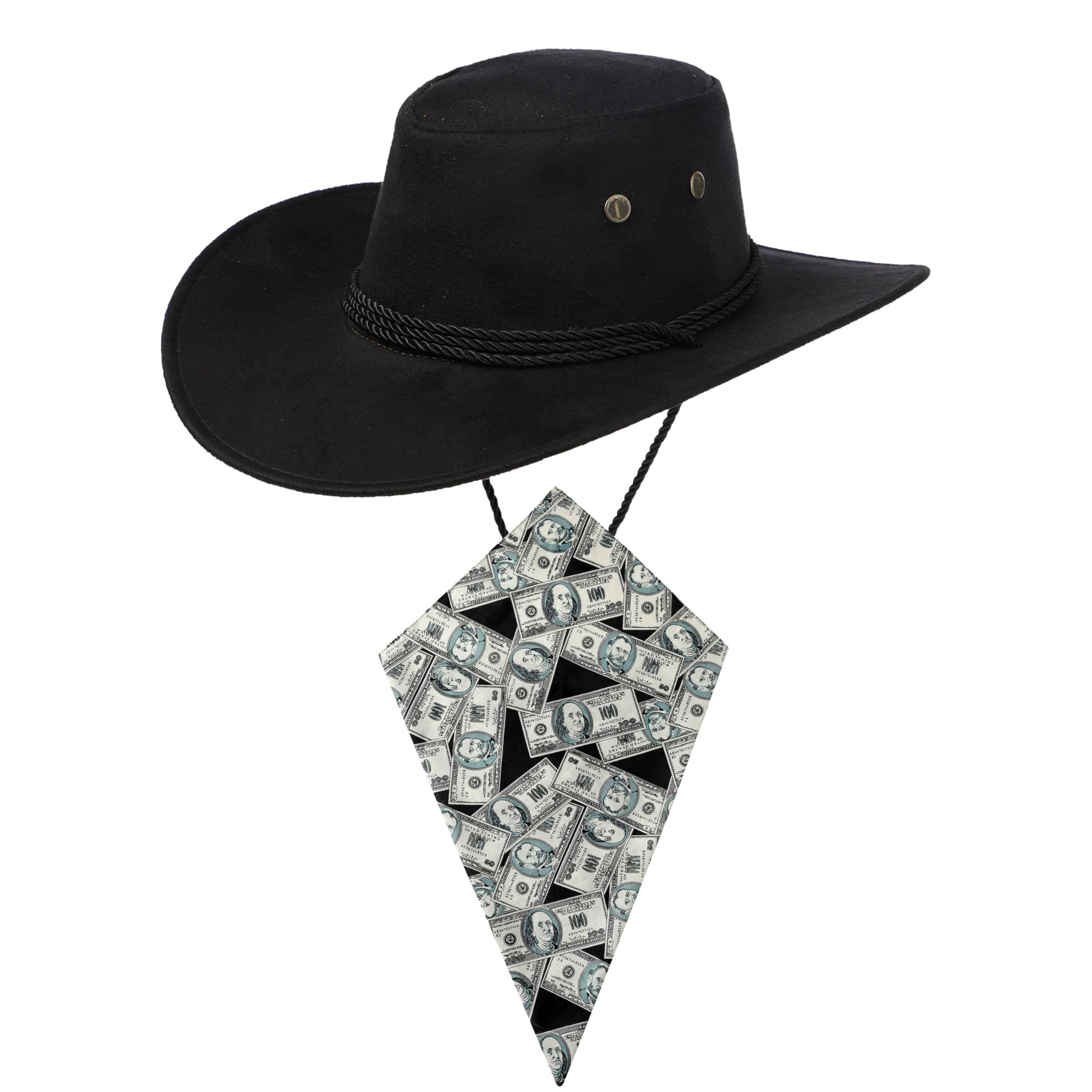 Komonee Black Cowboy Hat and USA Dollars Bandana Western Sun Cap Faux Felt Leather Suede Fancy Dress Party Costume Outfit Neckscarf Sun Protection Mens Womens โ image 1