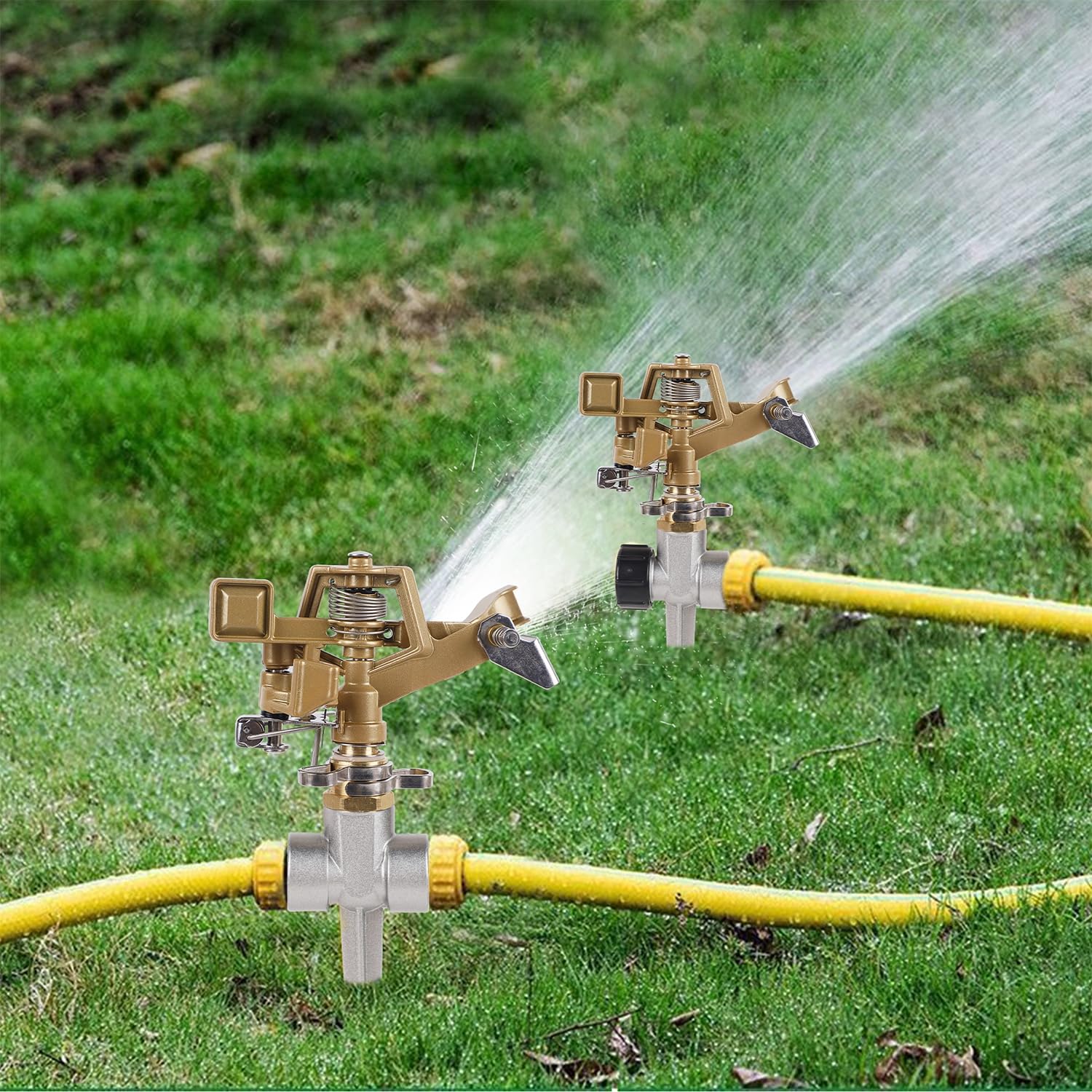 Biswing Mosiężny zraszacz udarowy, 1/2", 2 sztuki, wytrzymała głowica zraszacza do trawnika z dyszami, regulowany, duży wzór pokrycia, 20-360 stopni, zraszacz do nawadniania trawy, tarasu, ogrodu