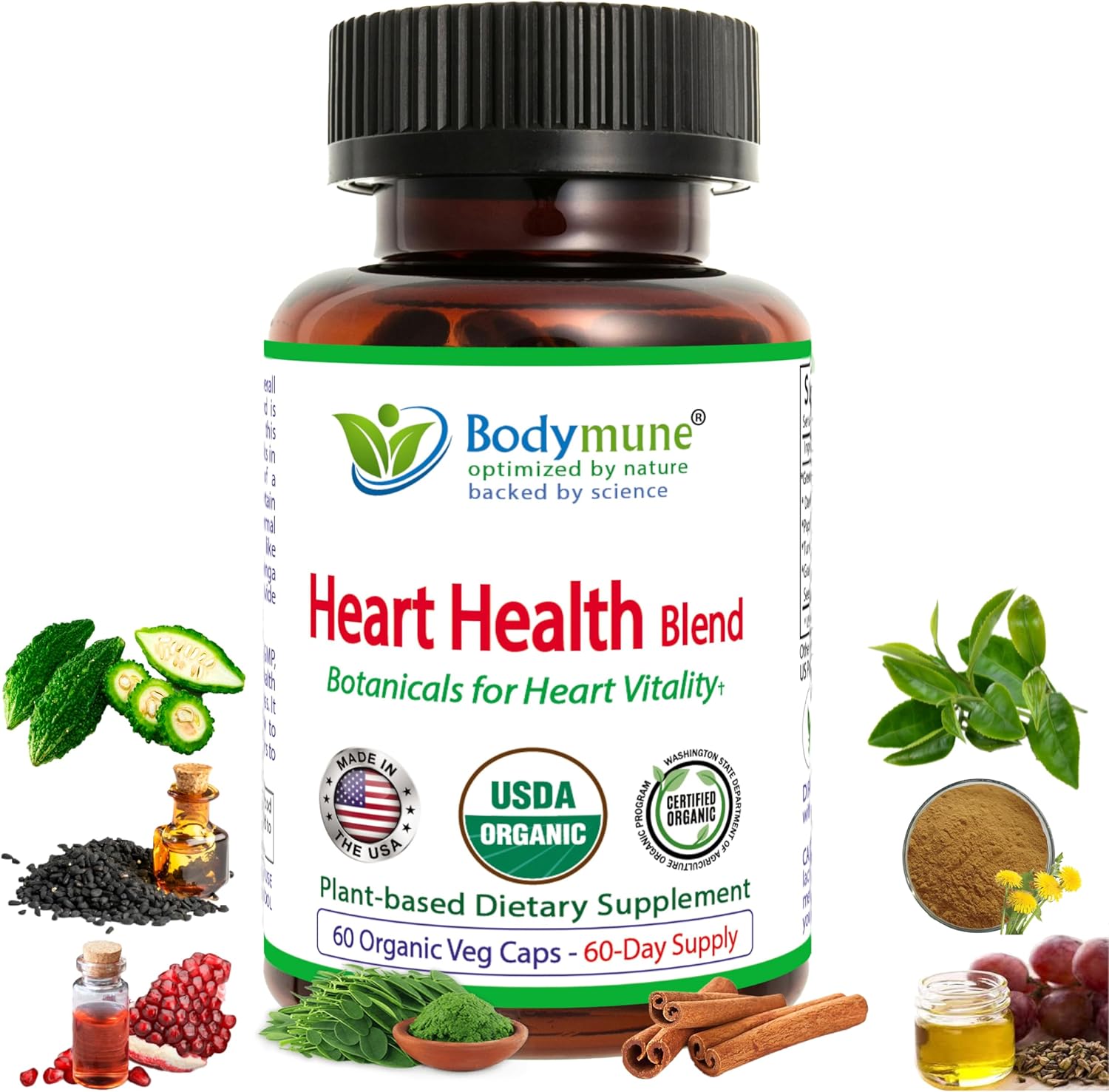 Heart Health Blend CholesterolSupport | USDA Organic Supplement w/Extracts of Green Tea, Dandelion, Bitter Melon, Moringa | 60-Day Supply | Vegan, Non-GMO, Gluten-Free, Made in USA