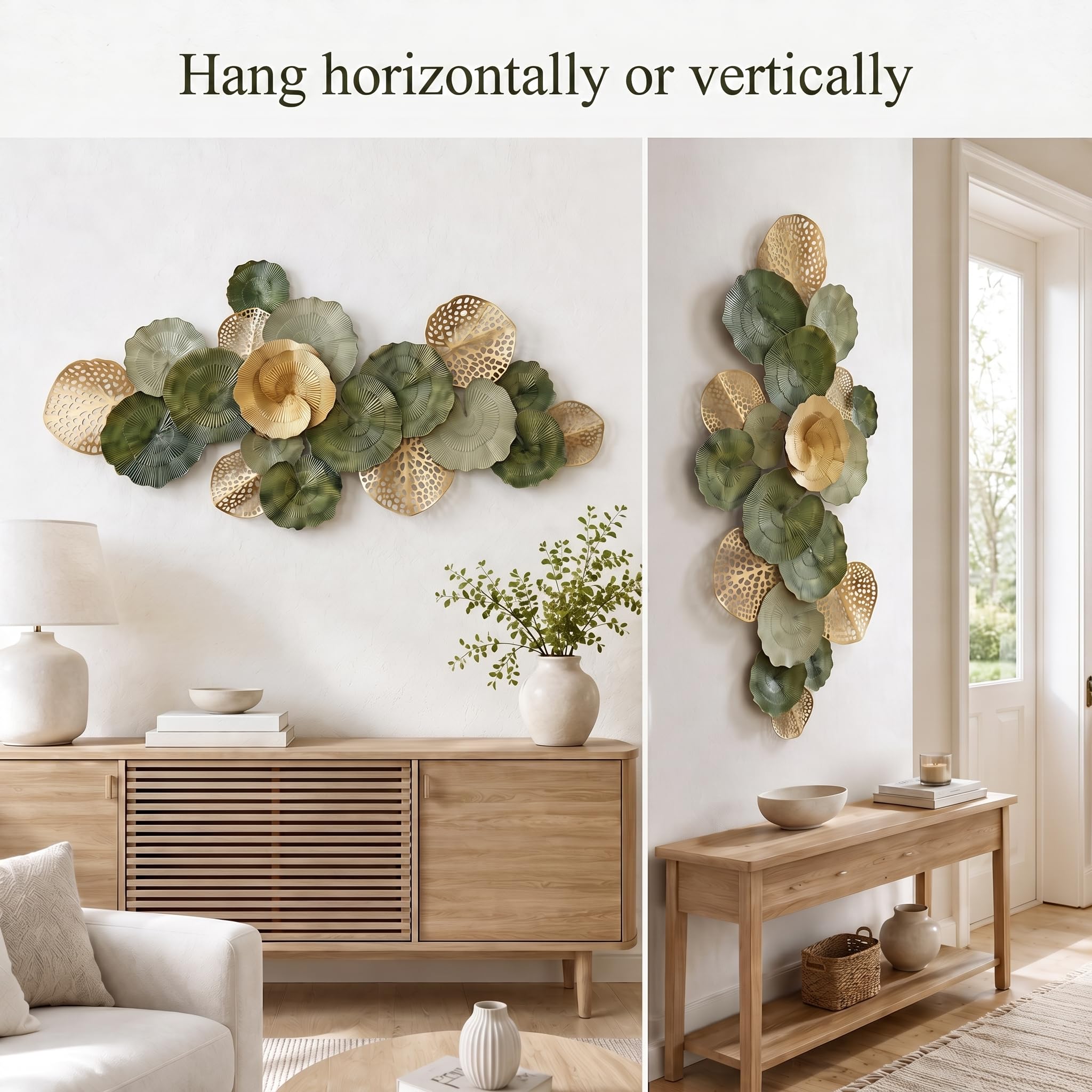 Genérico Adorno de Pared Metálico Grande,Decoración 3D Hojas de Loto | Se Cuelga Horizontal o Verticalmente,Fácil de Limpiar,Apta para Dormitorio,Comedor y Pasillo - 130CM