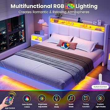 DICTAC King Size Floating Bed Frame with Upholstered Storage Headboard, Stable and Sturdy 5ft King Bed Frame with Charging Station & LED Lights 150x200cm Platform Bed Frame, 350KG Load Capacity, White