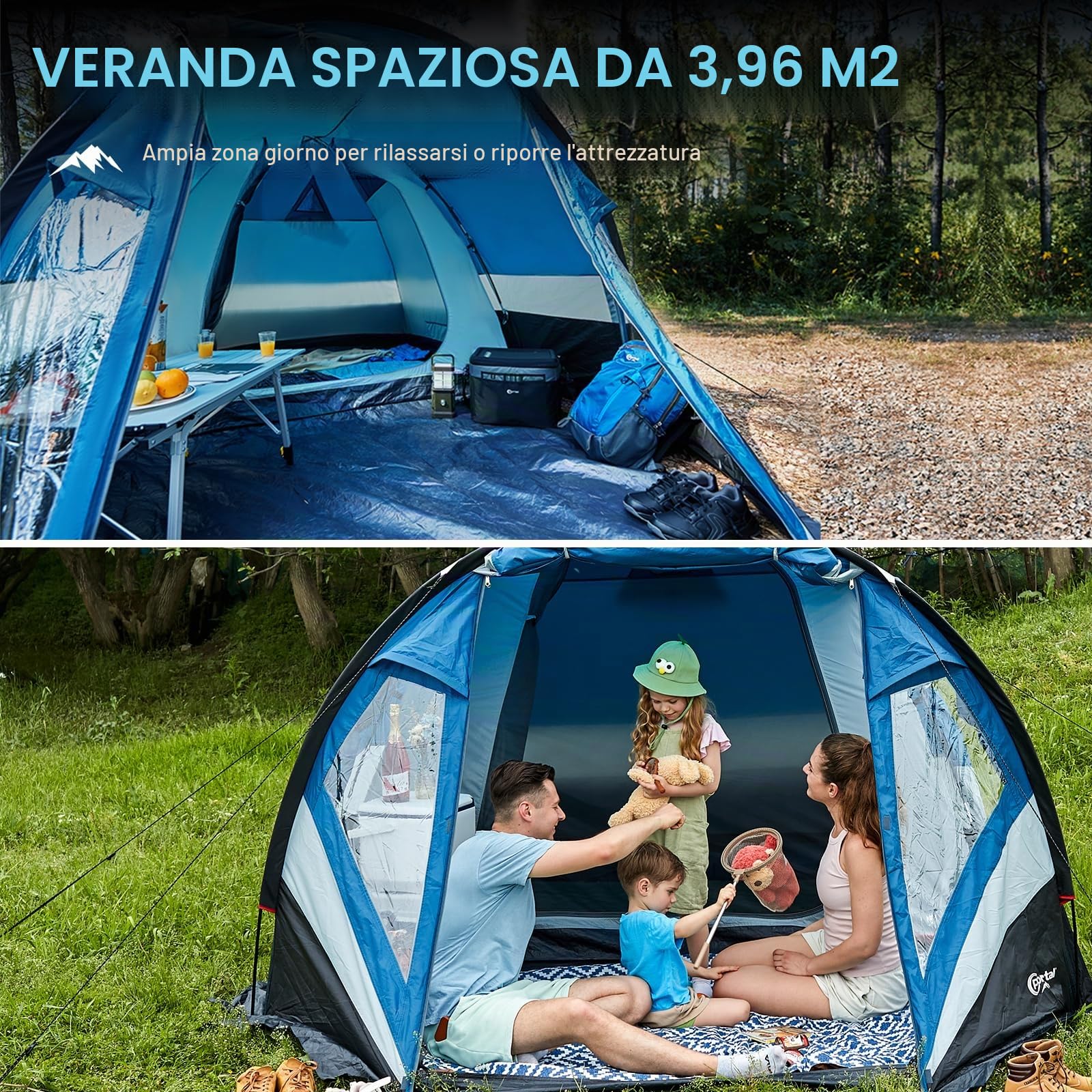 Portal Tenda a cupola per 2 e 4 persone, con vestibolo, 3 – 4 stagioni, dimensioni ridotte, 3000 mm, impermeabile, per attività all'aperto, festival, zaino trekking