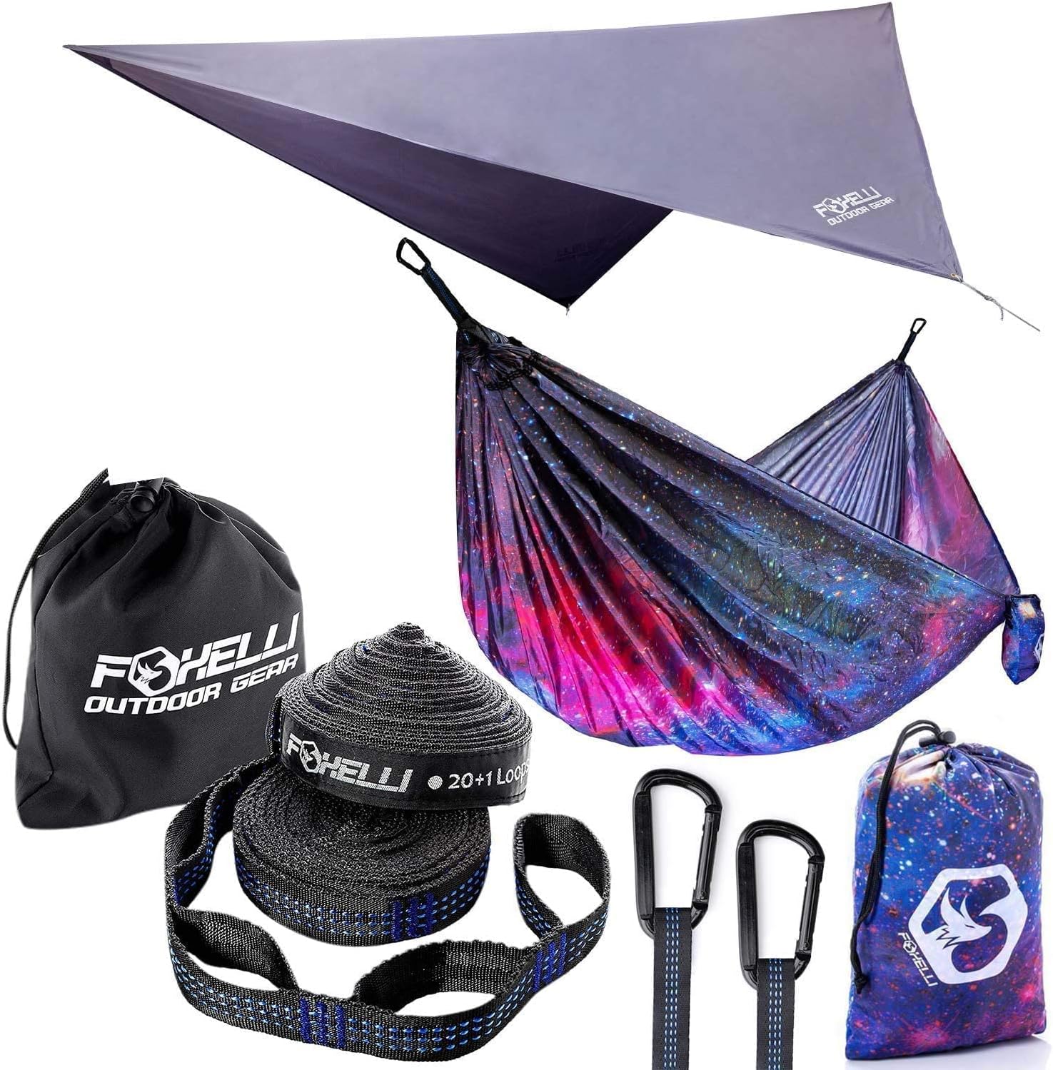 Foxelli Hammock, Hammock Straps & Rain Tarp Bundle – Includes Parachute Nylon Camping Hammock, XL Tree Straps Set & Lightweight Rain Tarp