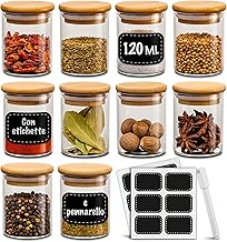 Praknu 10pcs Glass Spice Jars with Bamboo Lids – 120 ml Spice Containers for Kitchen – Airtight – with Labels – Dishwasher Safe – Spices, Herbs and Tea