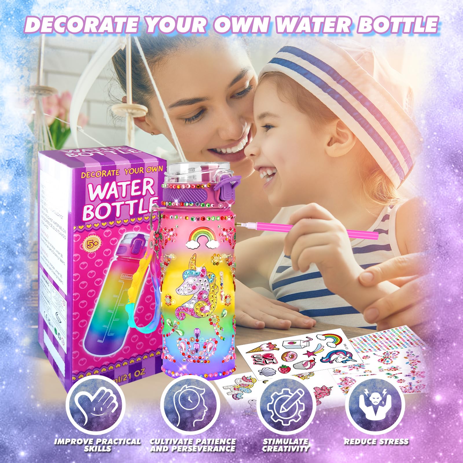 Kit DIY Gourde Licorne Pour Enfants - Décorations Strass Et Autocollants - Bouteille Isotherme 600ml - Cadeau Créatif